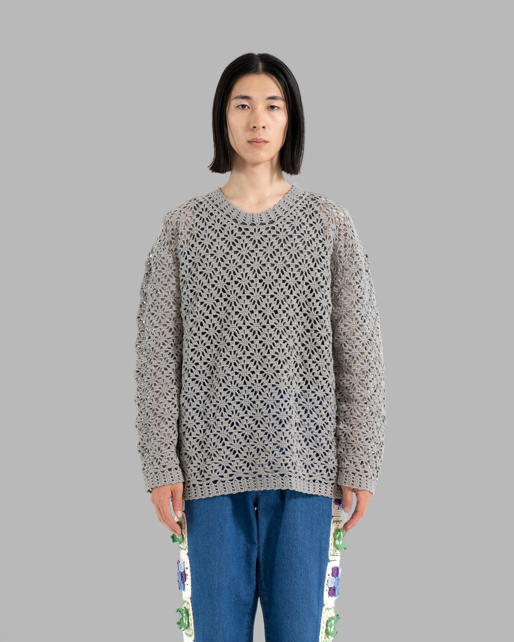CROCHET HAND KNIT PULLOVER SWEATER - GREY
