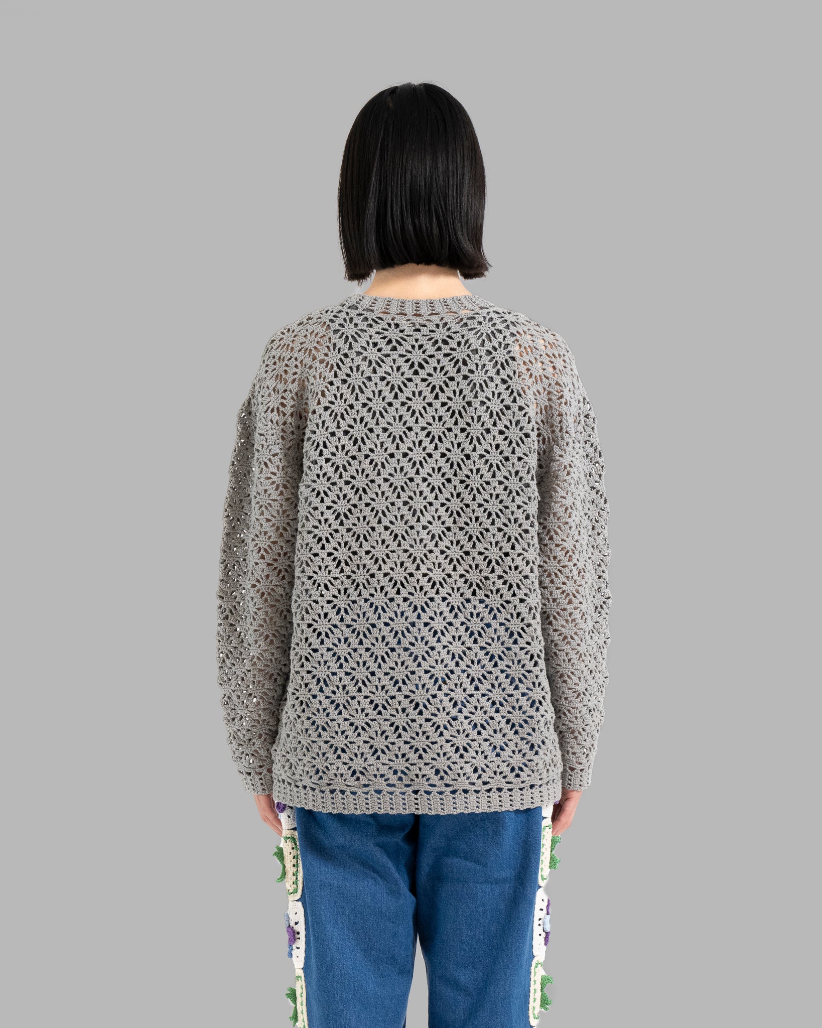 CROCHET HAND KNIT PULLOVER SWEATER - GREY