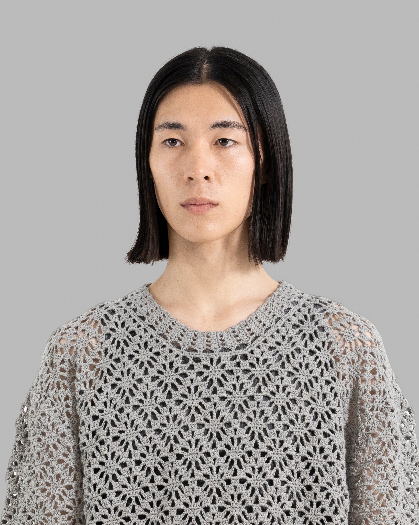 CROCHET HAND KNIT PULLOVER SWEATER - GREY