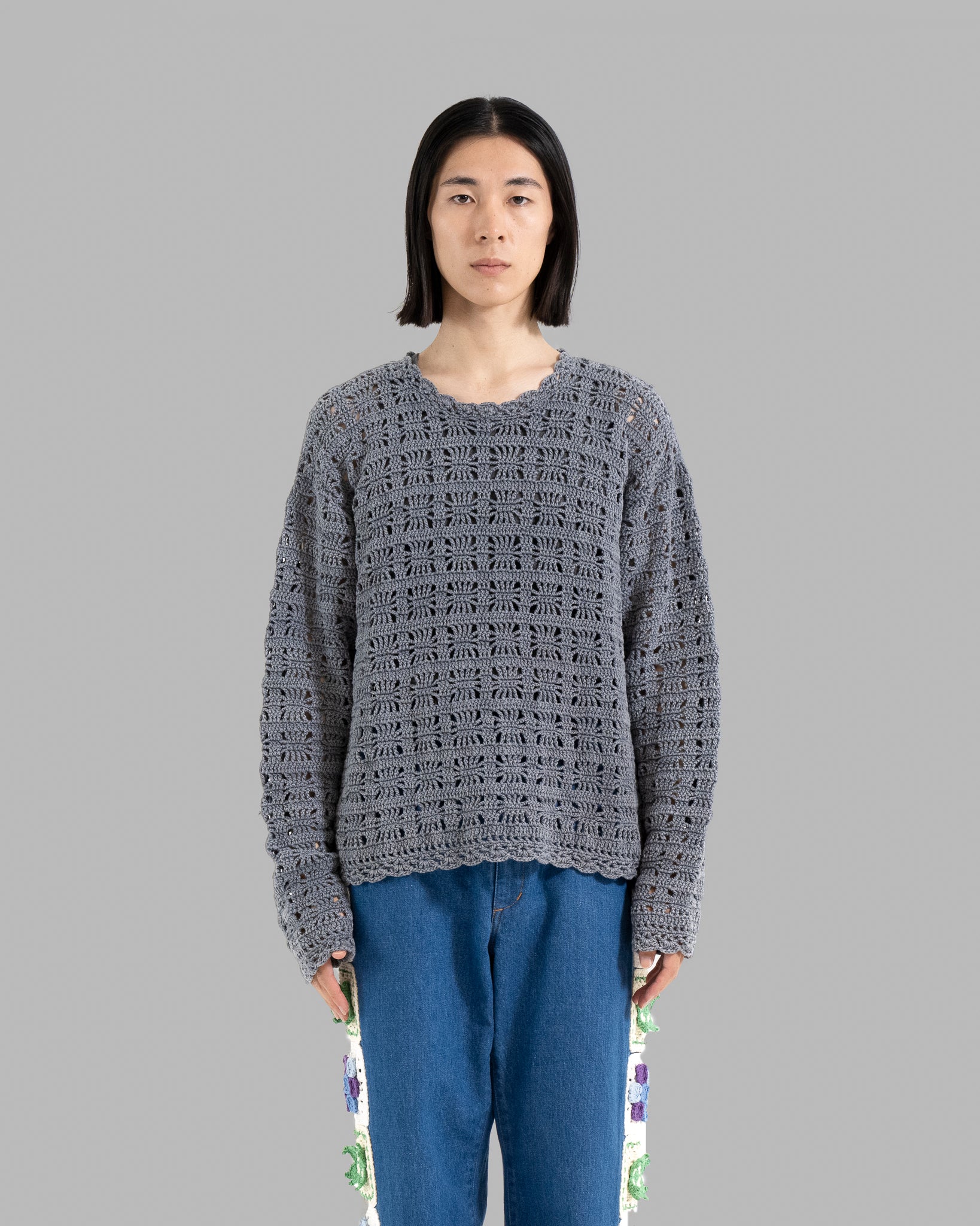 CROCHET HAND KNIT PULLOVER - CHARCOAL STONE WASH