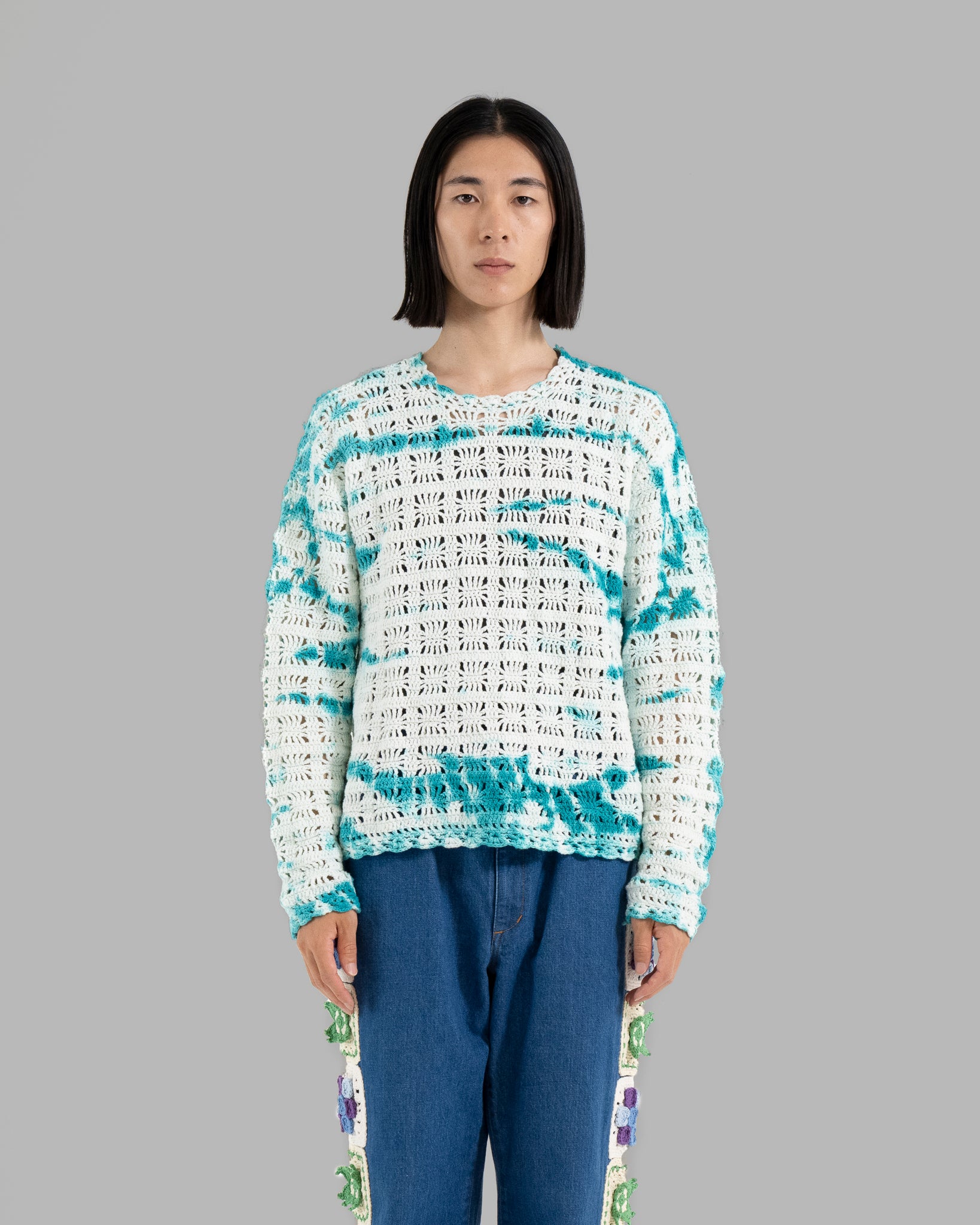 CROCHET HAND KNIT PULLOVER - GREEN TIE-DYE