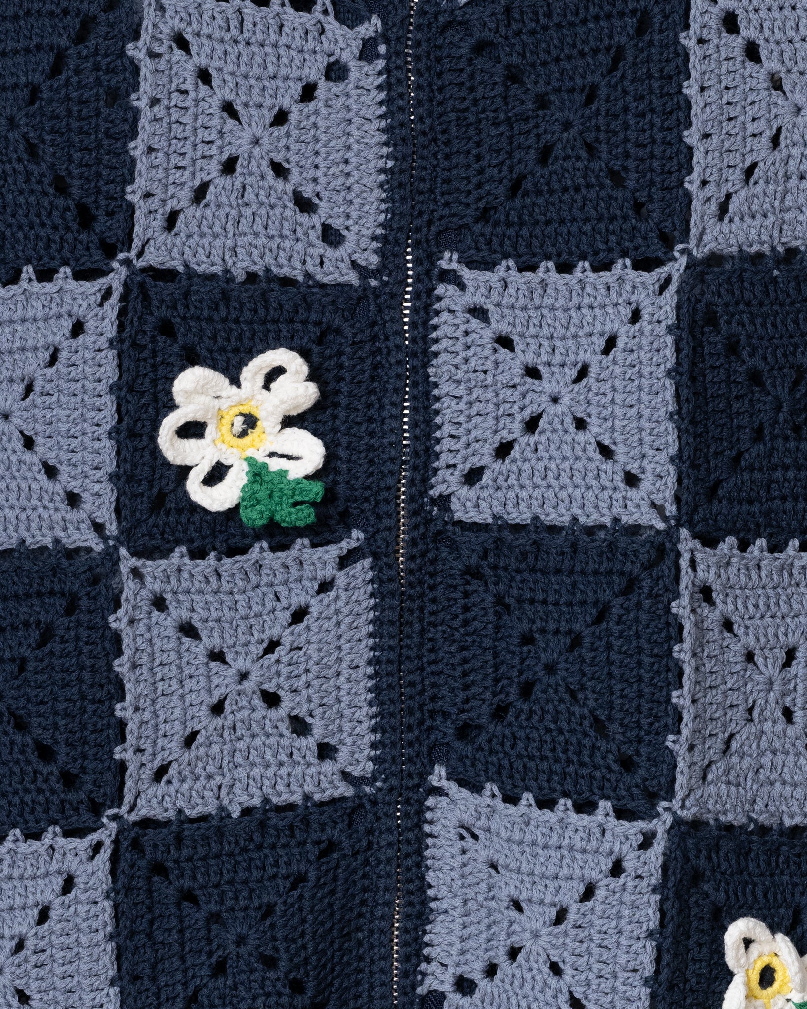 CROCHET FLOWER MOTIF HAND KNIT JACKET - NAVY / LIGHT BLUE