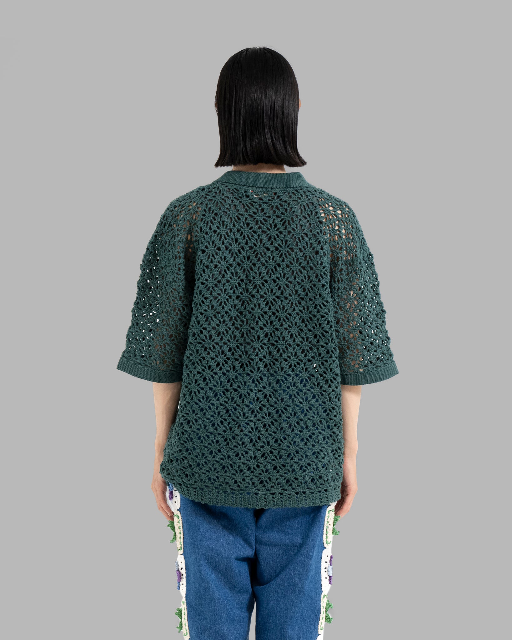 CROCHET HAND KNIT SKIPPER POLO (LOOSE FIT) -  GREEN