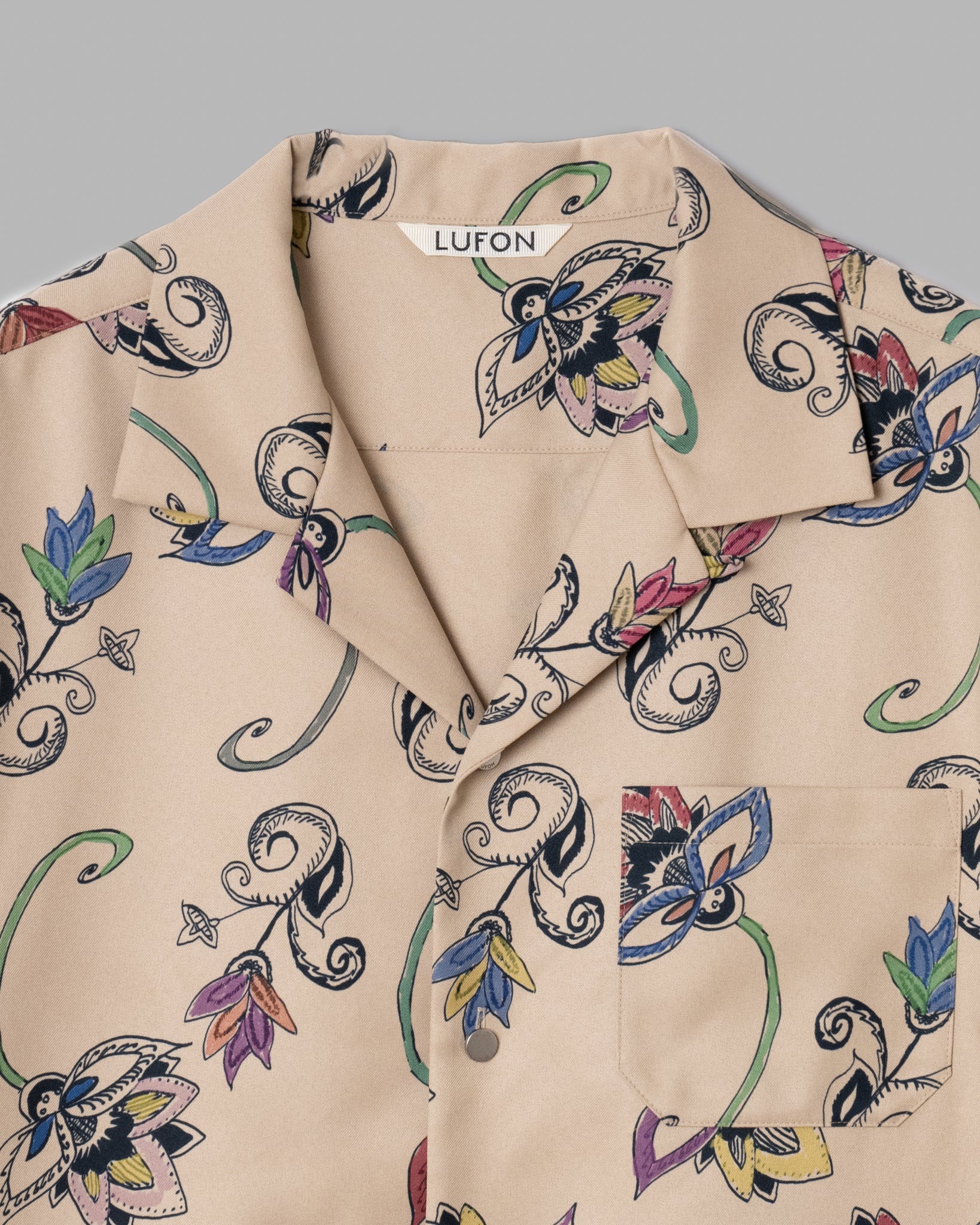 Hand -Painted Botanical Print Open Collar Shirts --Beige