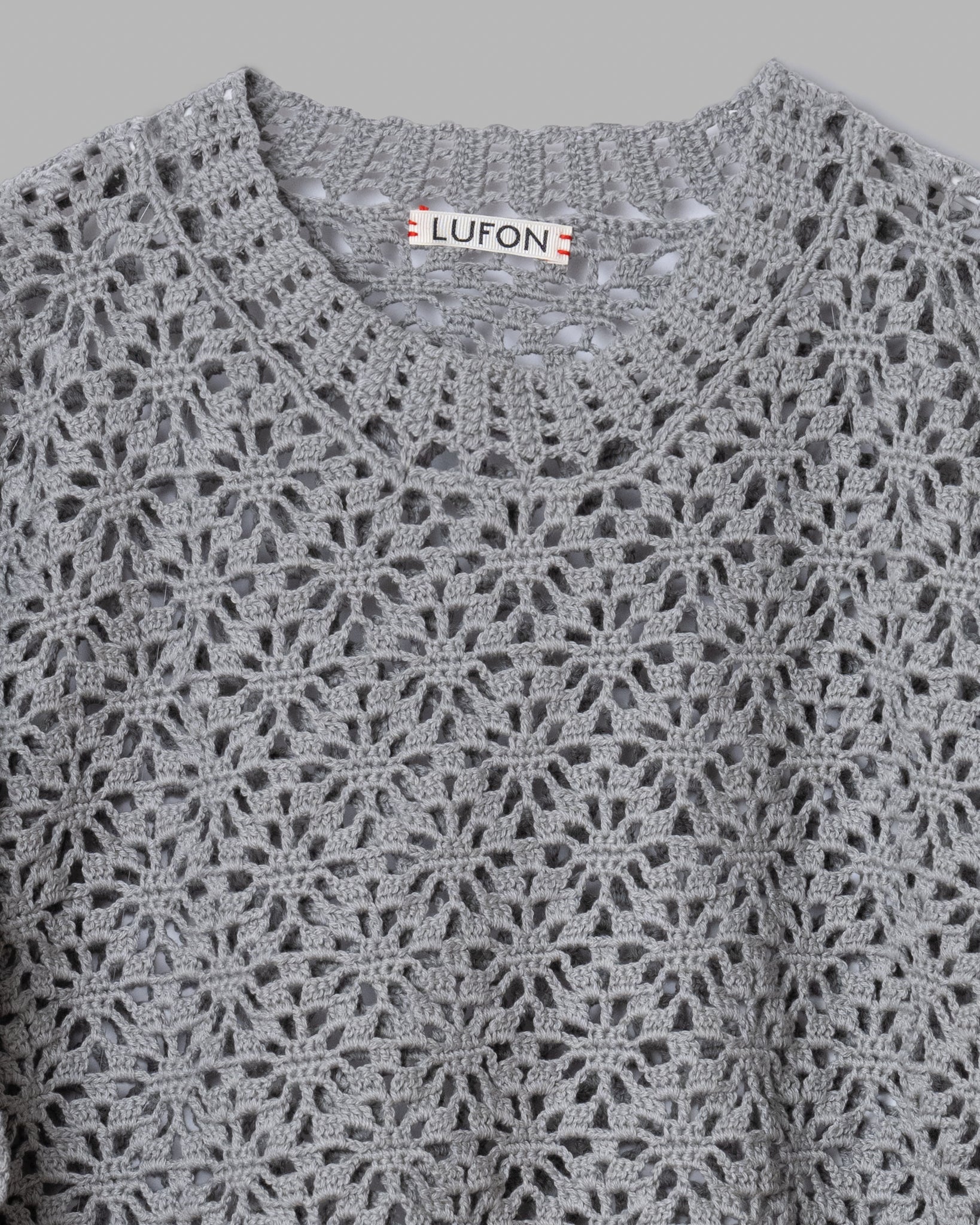 CROCHET HAND KNIT PULLOVER SWEATER - GREY
