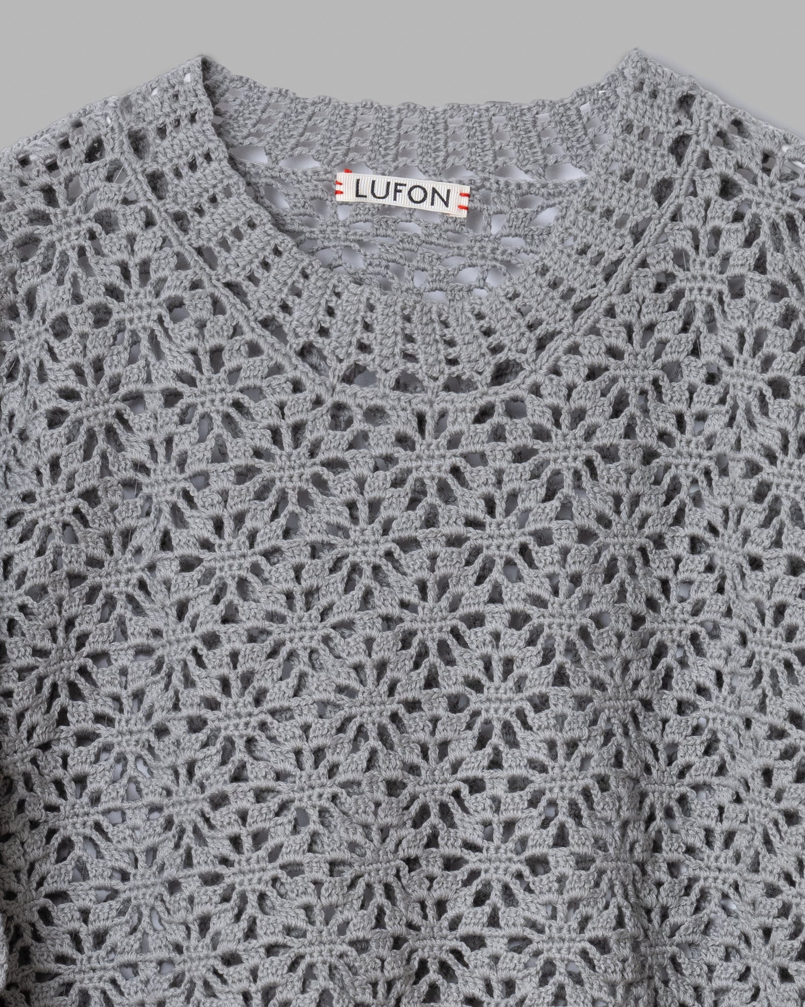 CROCHET HAND KNIT PULLOVER SWEATER - GREY