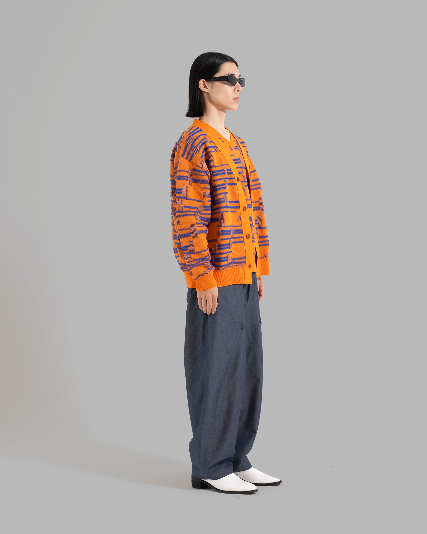 DEFORMATION BORDER KNIT CARDIGAN -ORANGE/BLUE