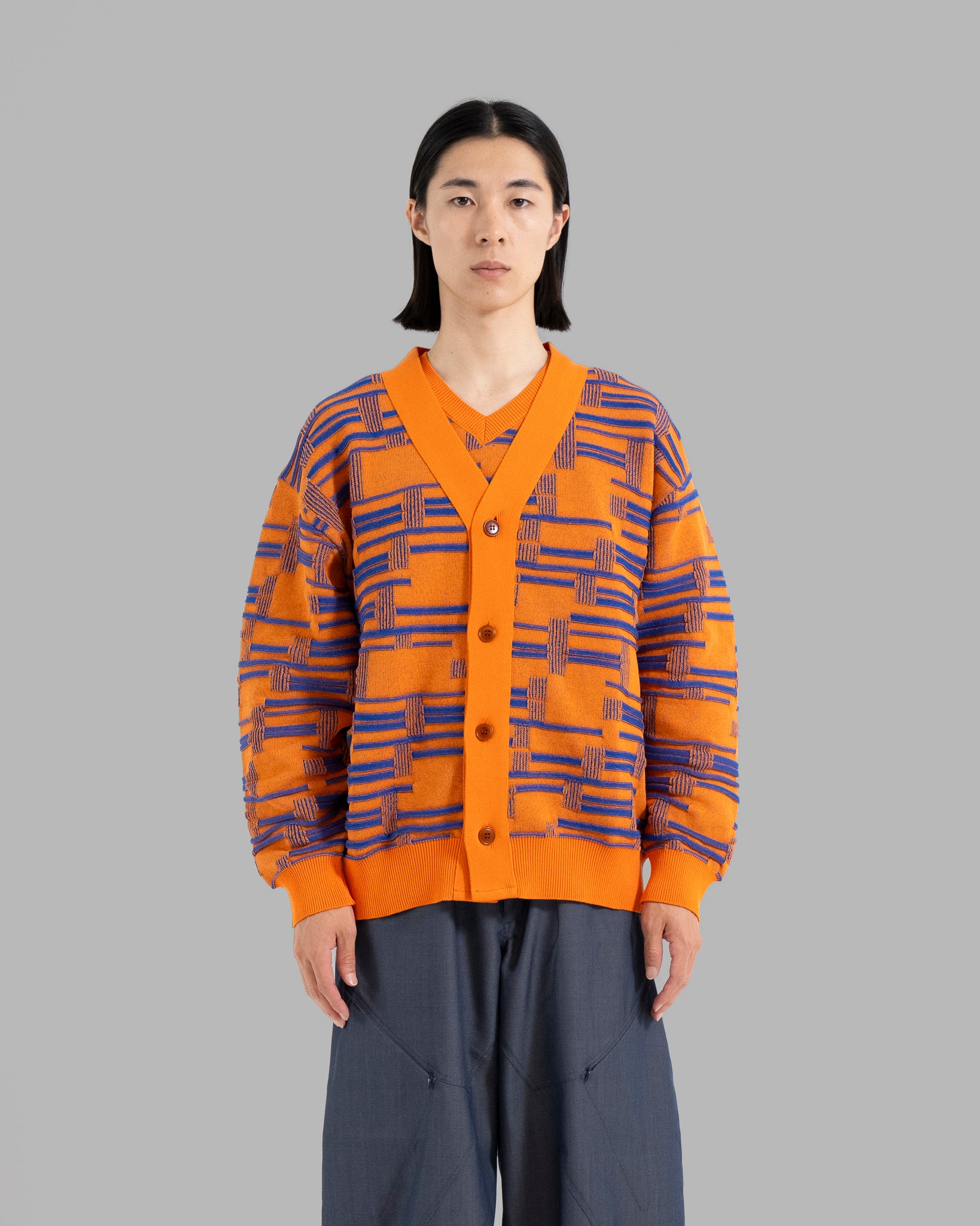 DEFORMATION BORDER KNIT CARDIGAN -ORANGE/BLUE