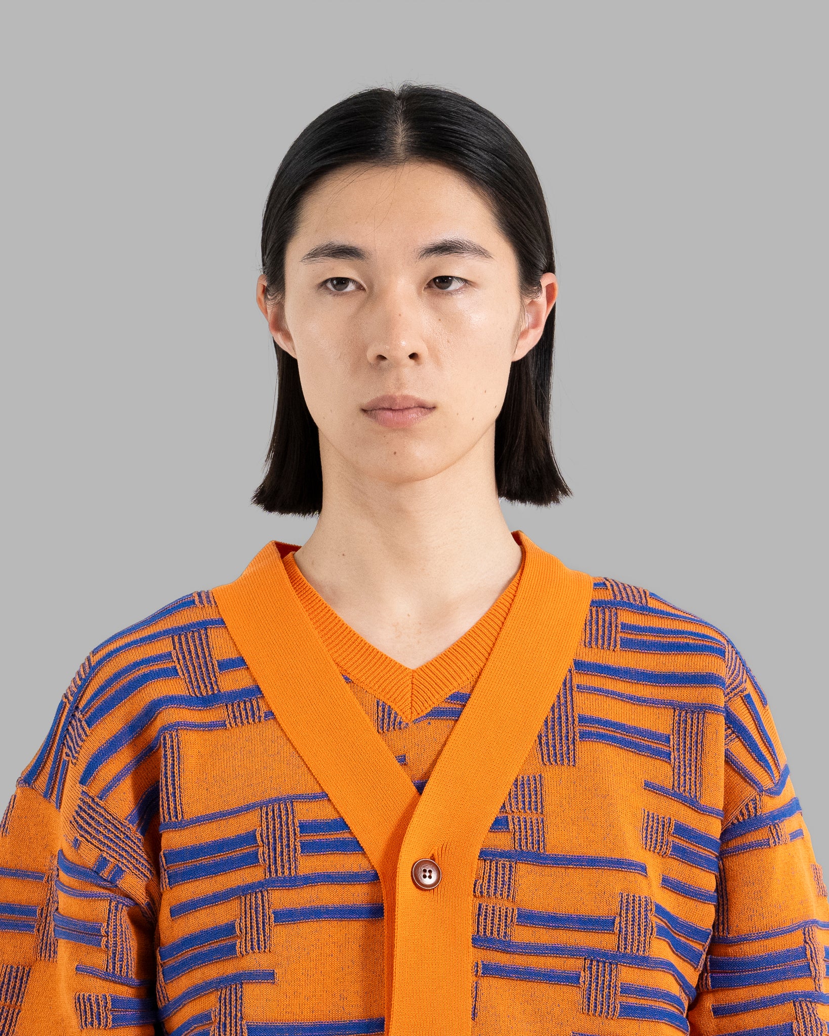 DEFORMATION BORDER KNIT CARDIGAN -ORANGE/BLUE