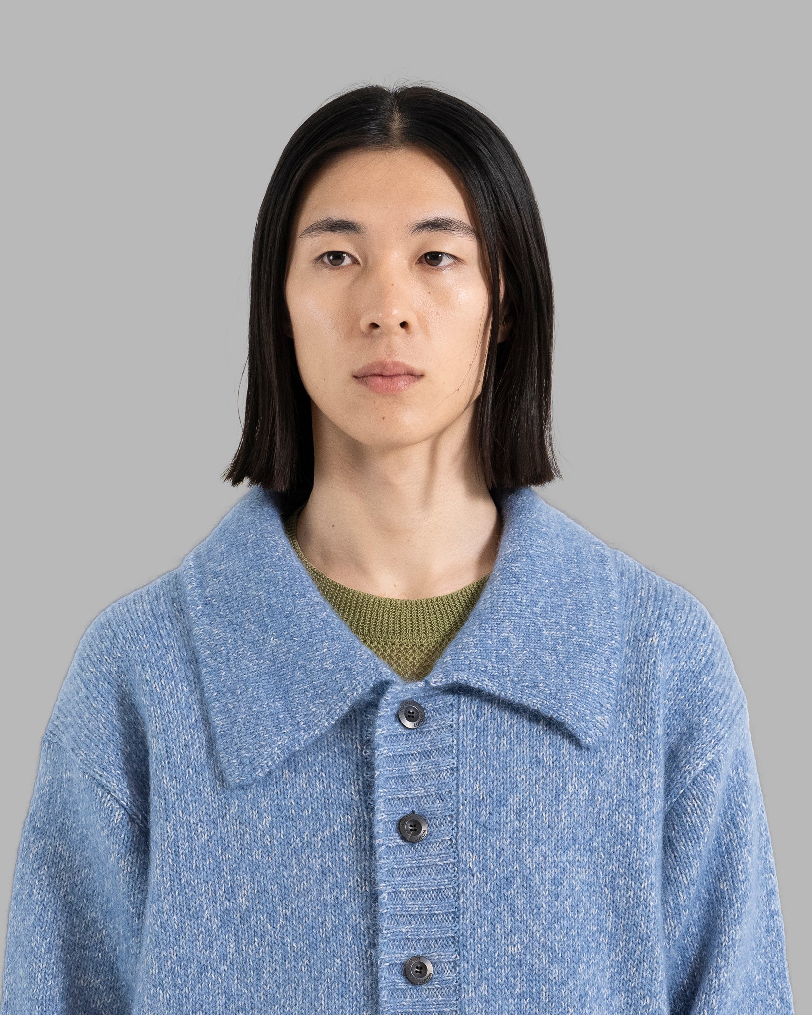 MOHAIR SILK NEP KNIT SHIRTS BLOUSON - BLUE