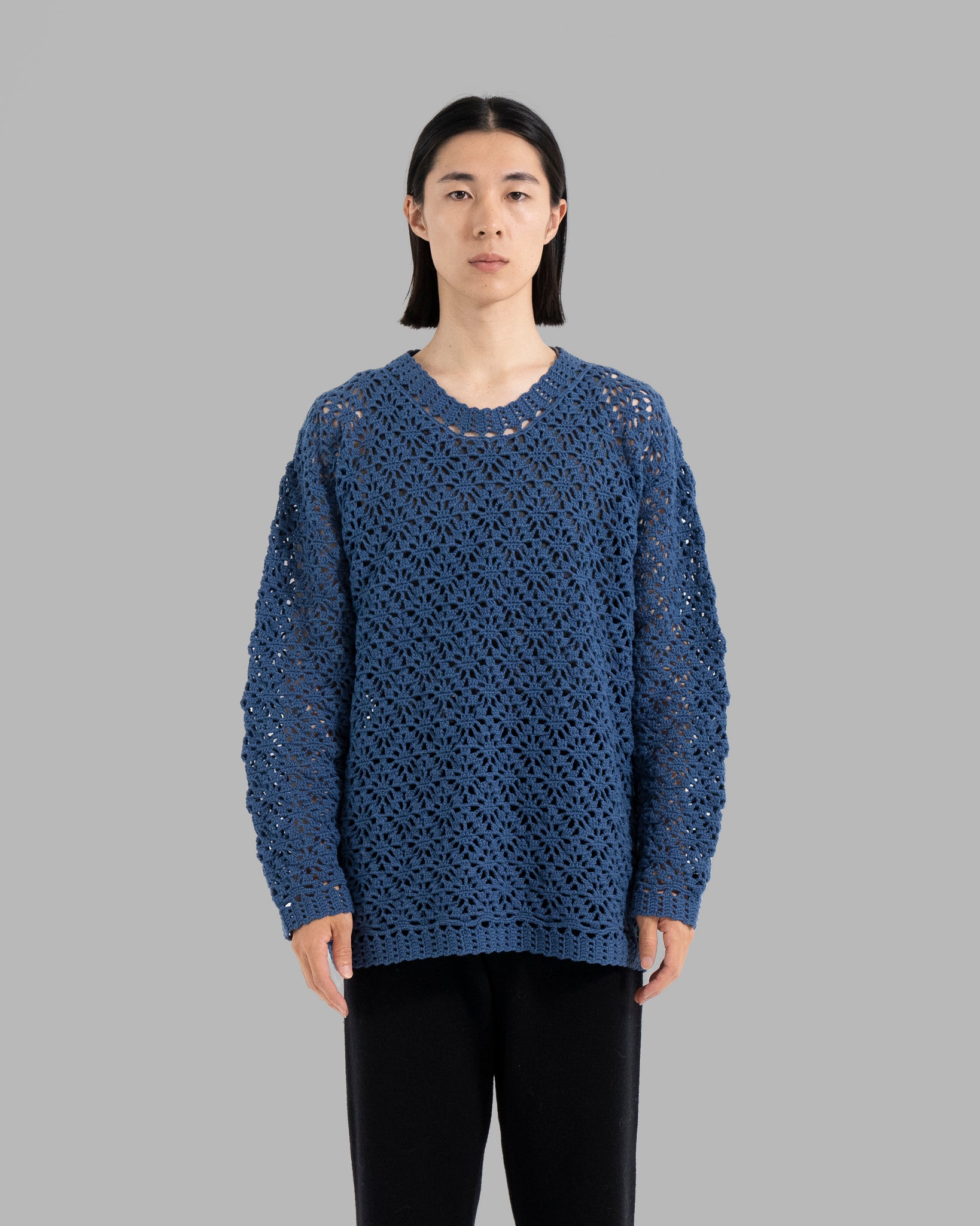 CROCHET HAND KNIT PULLOVER SWEATER - DEEP BLUE