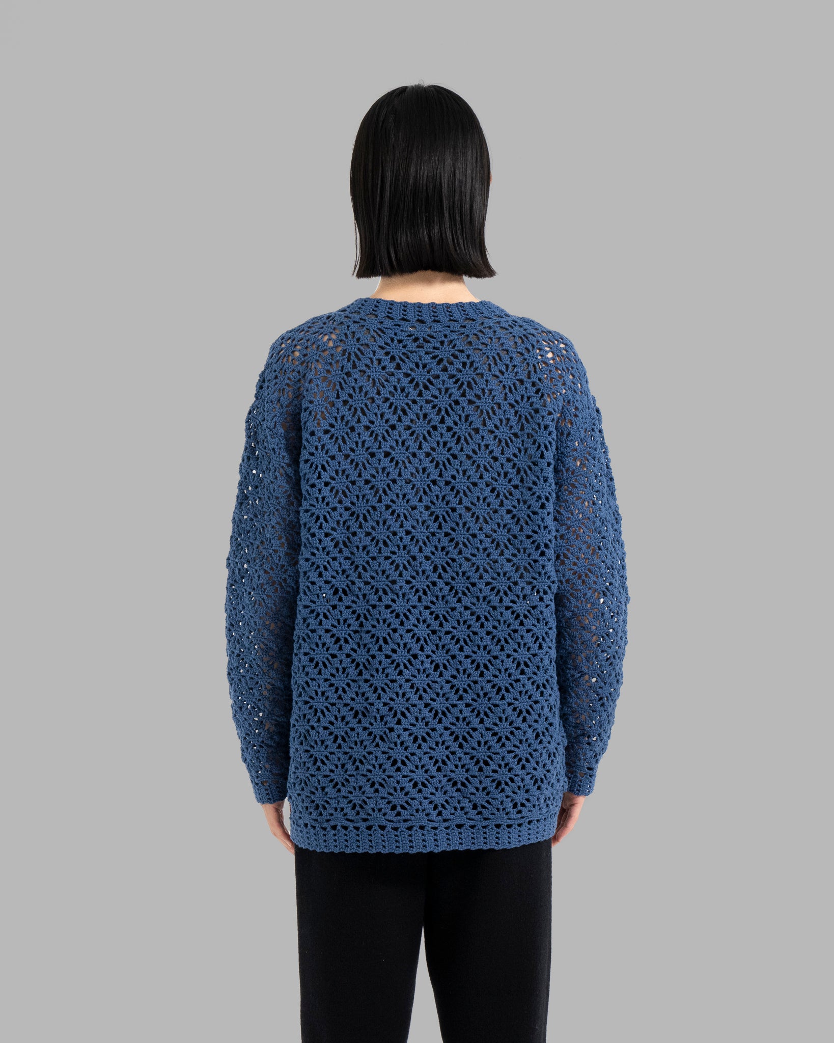 CROCHET HAND KNIT PULLOVER SWEATER - DEEP BLUE