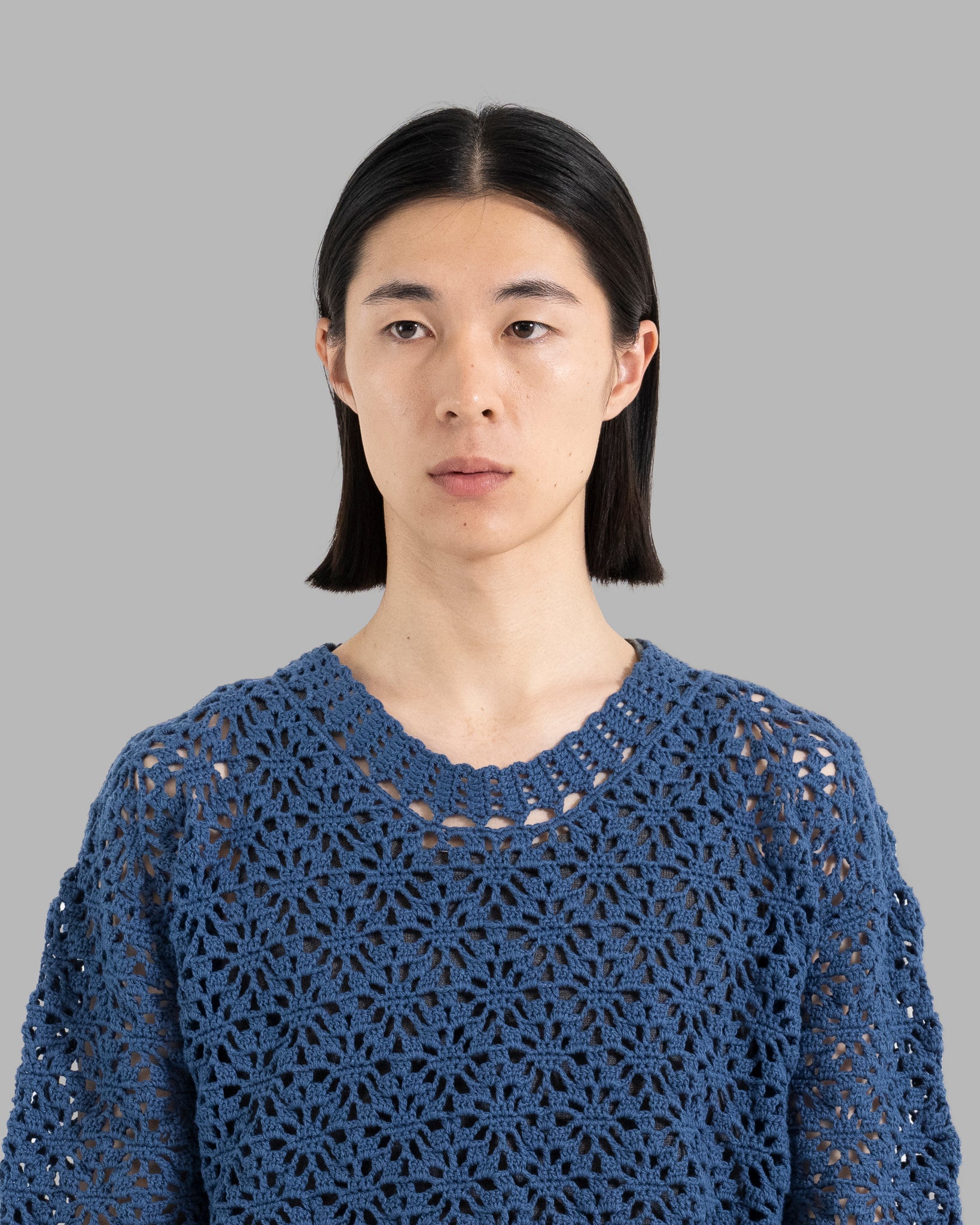 CROCHET HAND KNIT PULLOVER SWEATER - DEEP BLUE