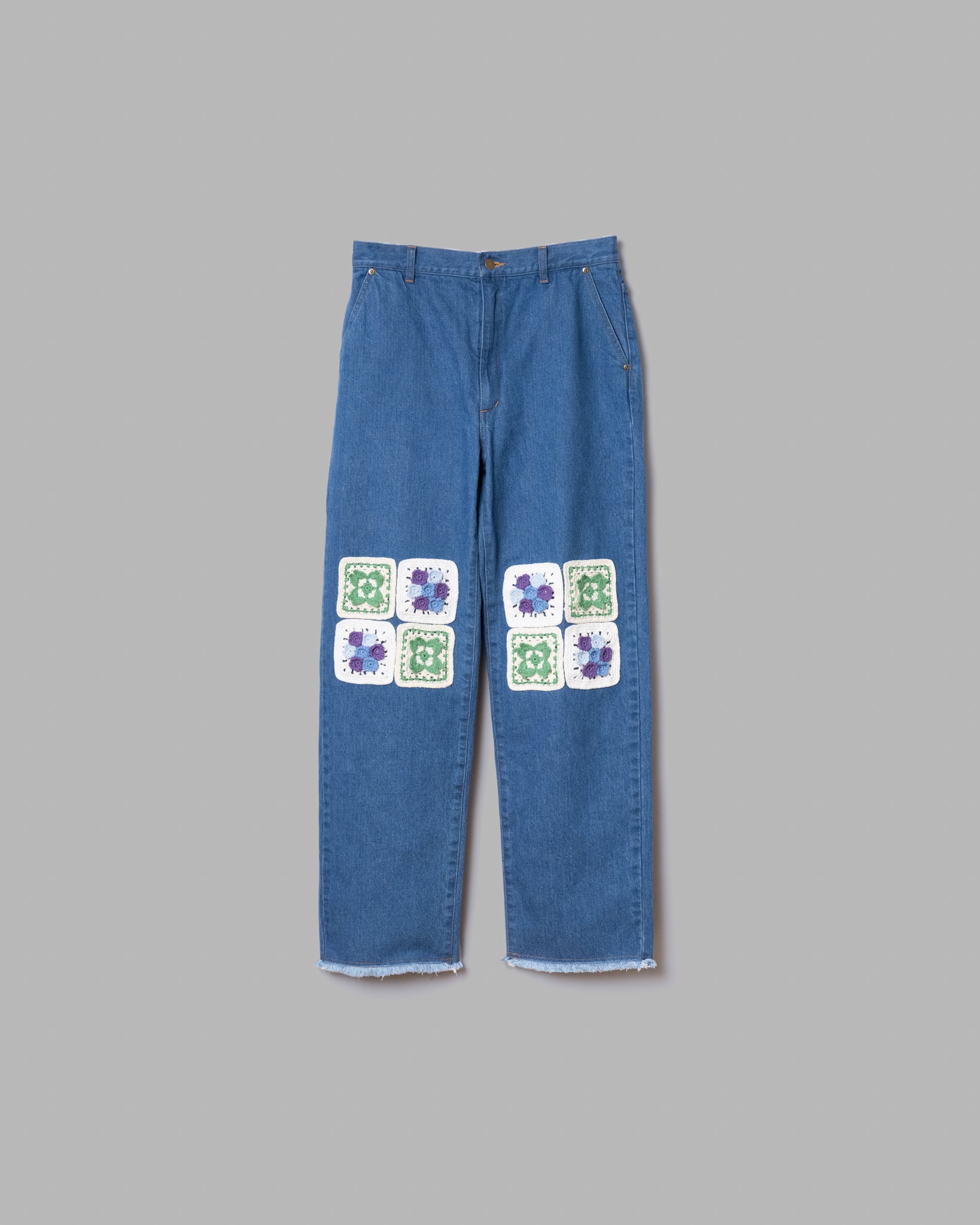Knees Crochet Flower Motif Wide Jeans - Indigo