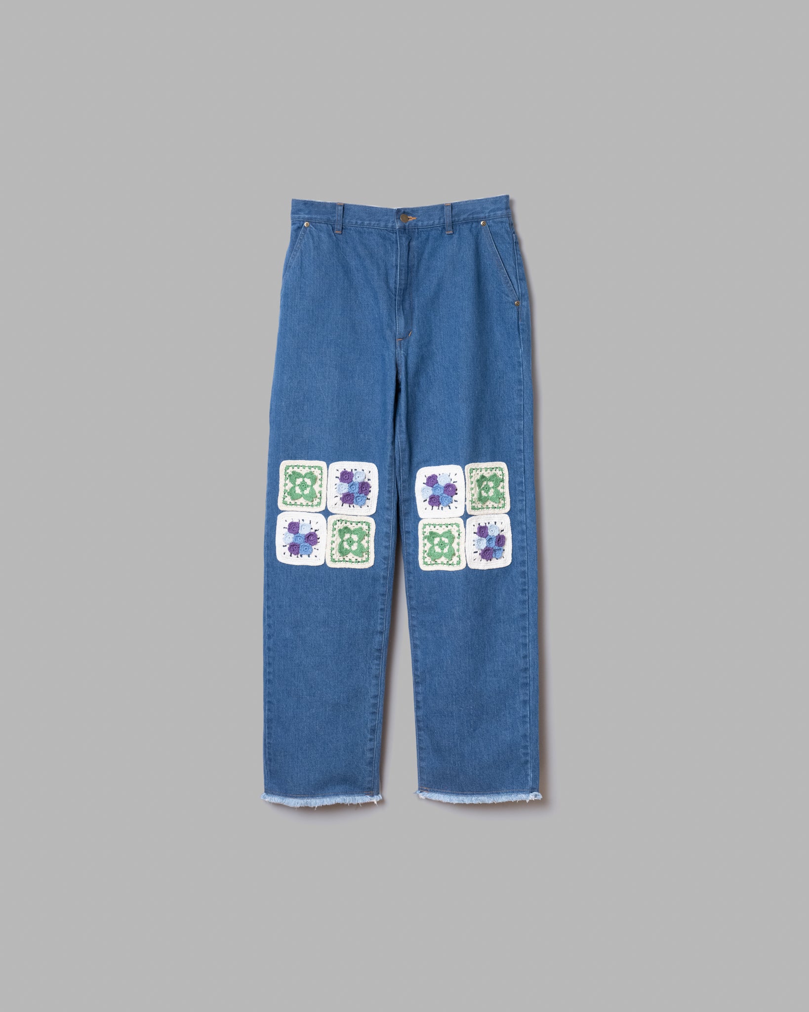 KNEES CROCHET FLOWER MOTIF WIDE JEANS - INDIGO