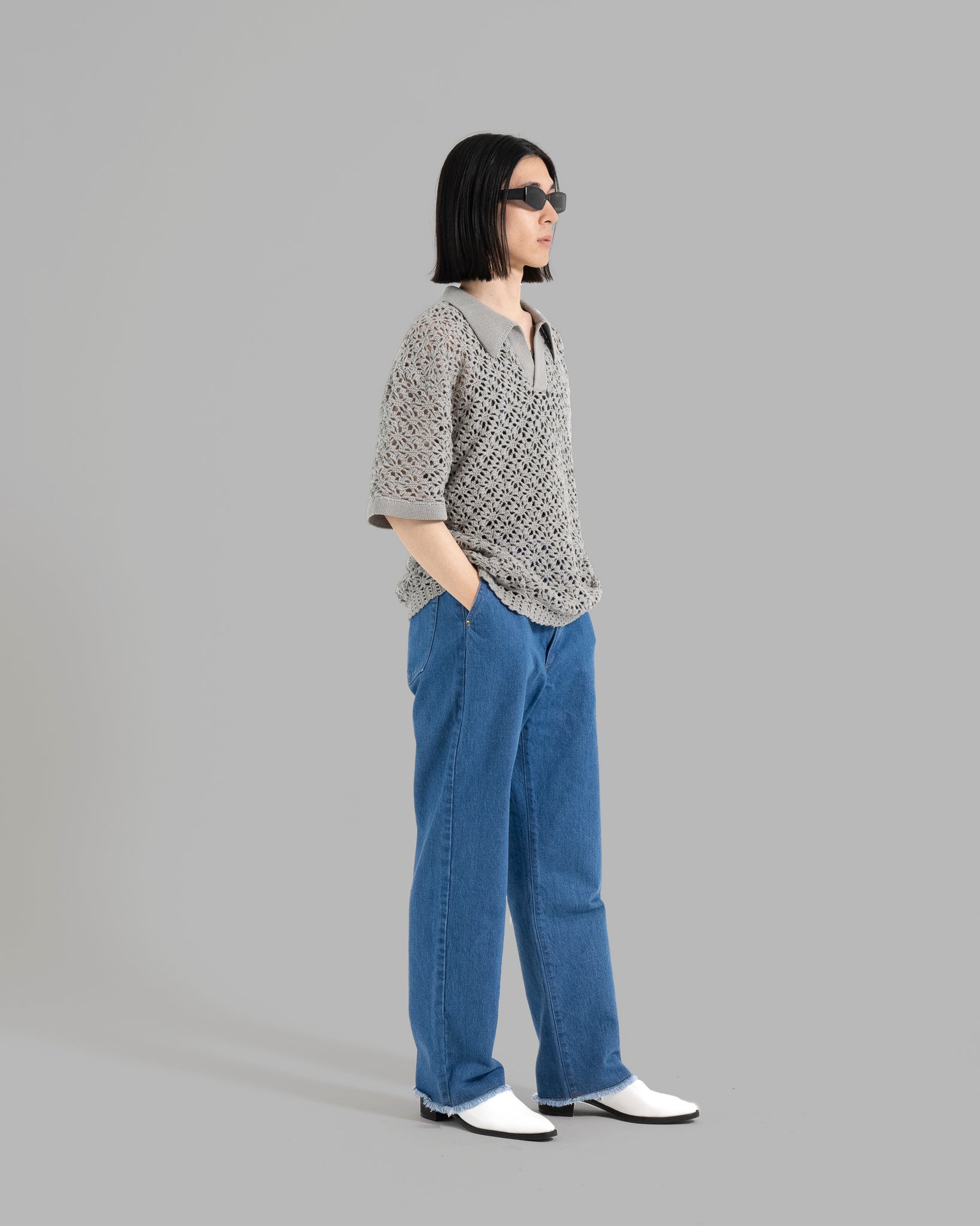 CROCHET HAND KNIT SKIPPER POLO (JUST FIT) -  GREY