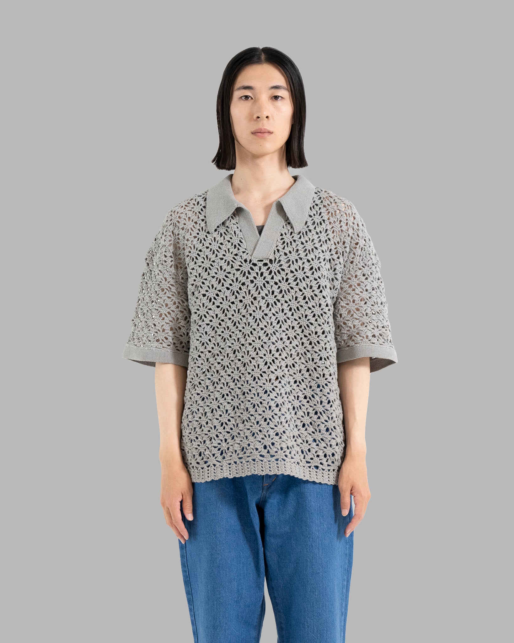 CROCHET HAND KNIT SKIPPER POLO (JUST FIT) -  GREY