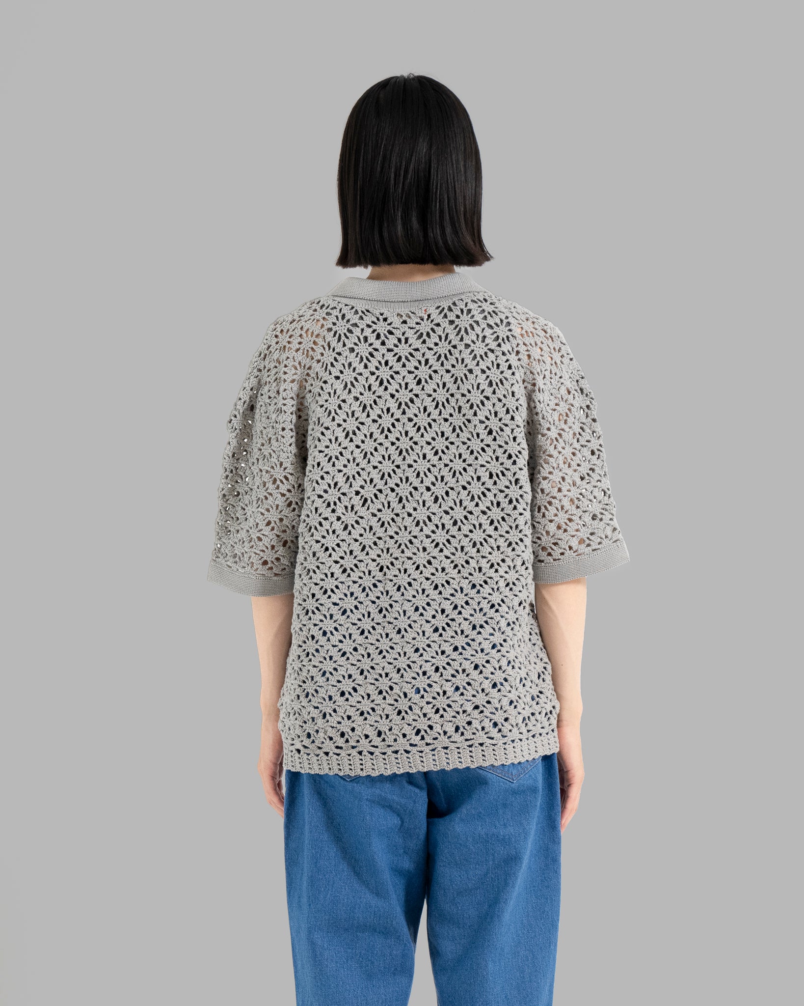 CROCHET HAND KNIT SKIPPER POLO (JUST FIT) -  GREY