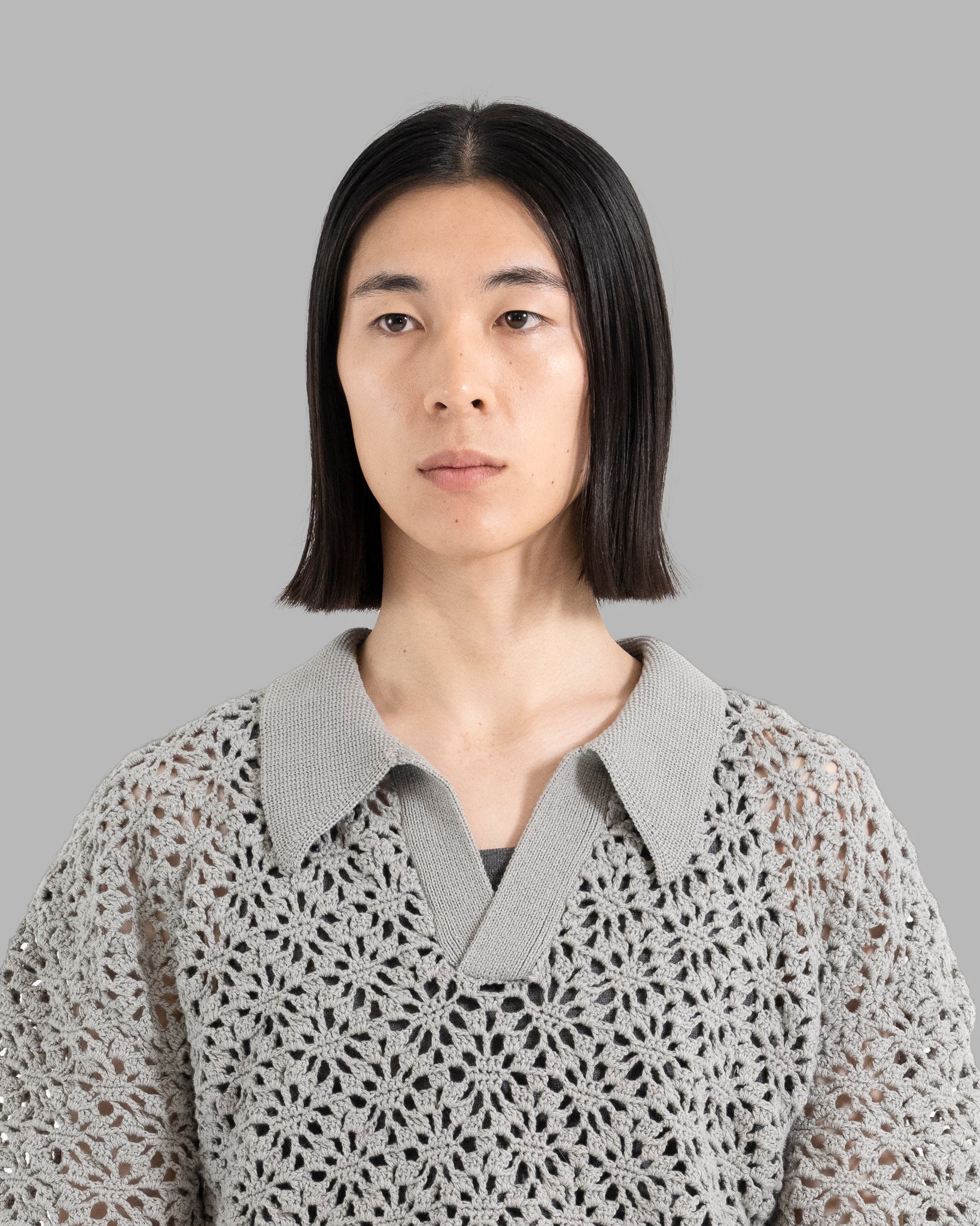CROCHET HAND KNIT SKIPPER POLO (JUST FIT) -  GREY