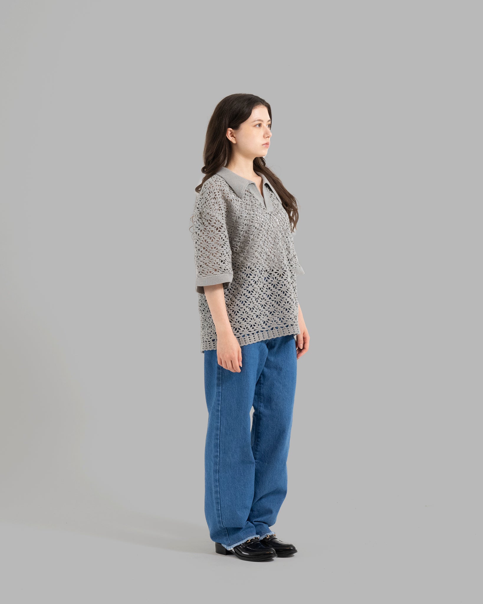 CROCHET HAND KNIT SKIPPER POLO (JUST FIT) -  GREY