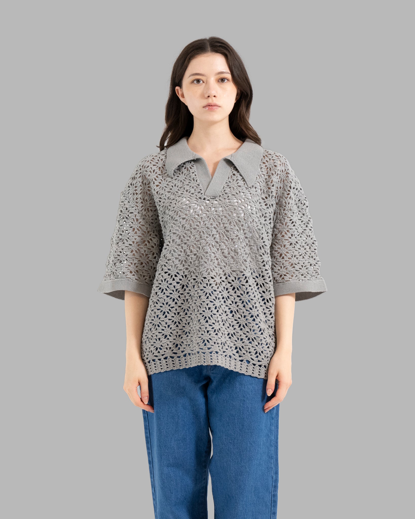 CROCHET HAND KNIT SKIPPER POLO (JUST FIT) -  GREY
