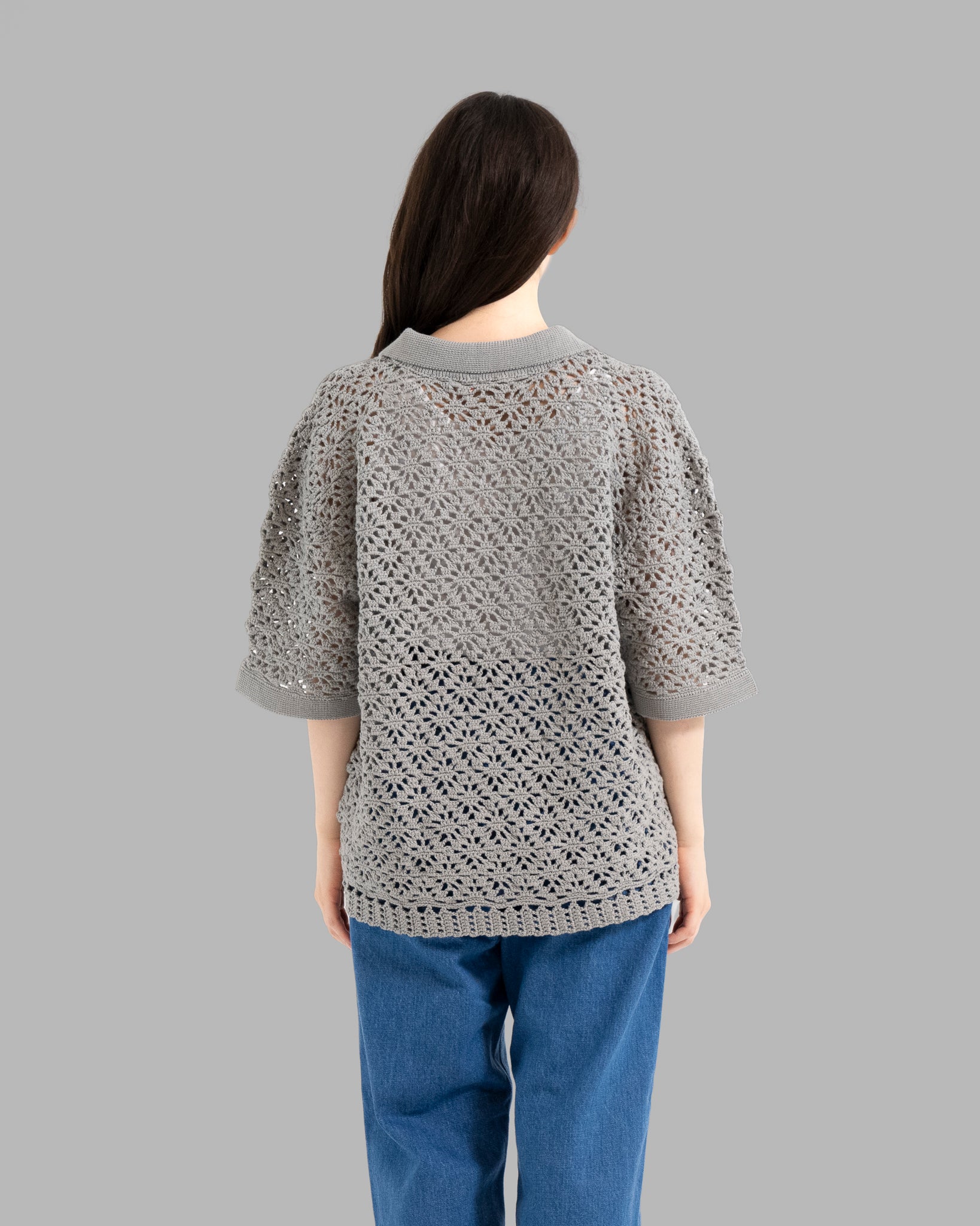 CROCHET HAND KNIT SKIPPER POLO (JUST FIT) -  GREY