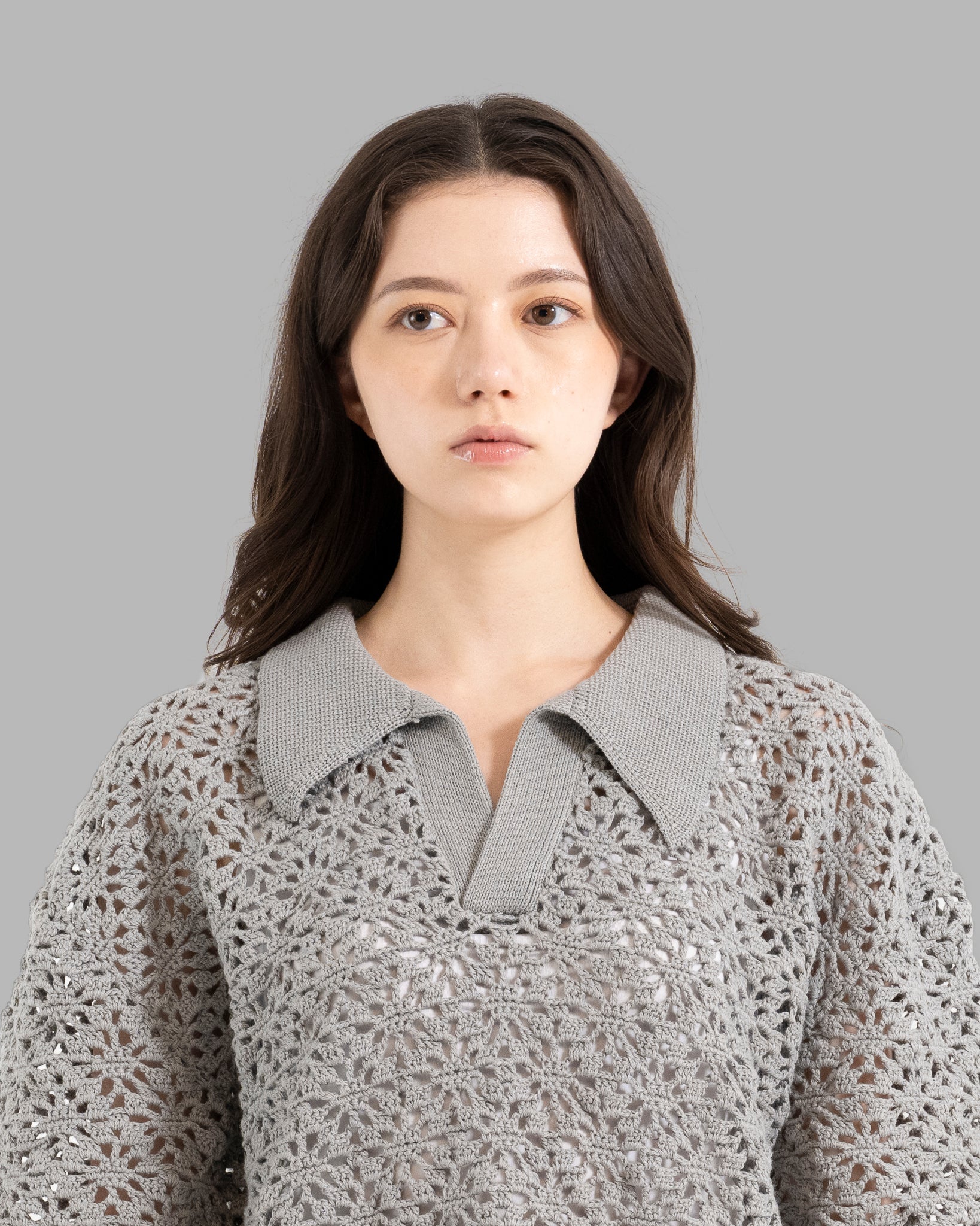 CROCHET HAND KNIT SKIPPER POLO (JUST FIT) -  GREY