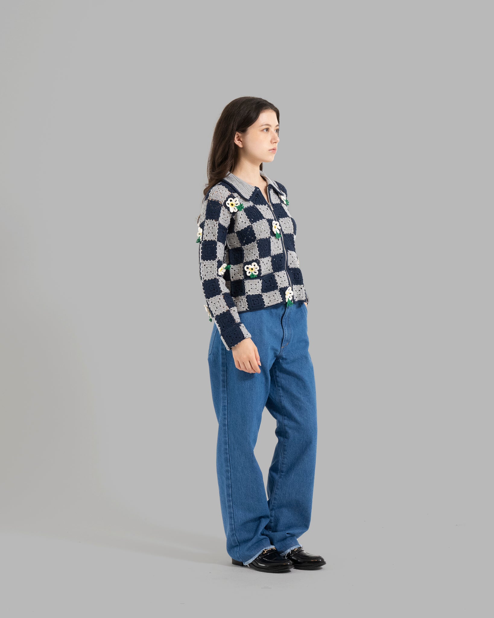 Crochet Flower Motif Hand Knit Jacket -Navy / Gray