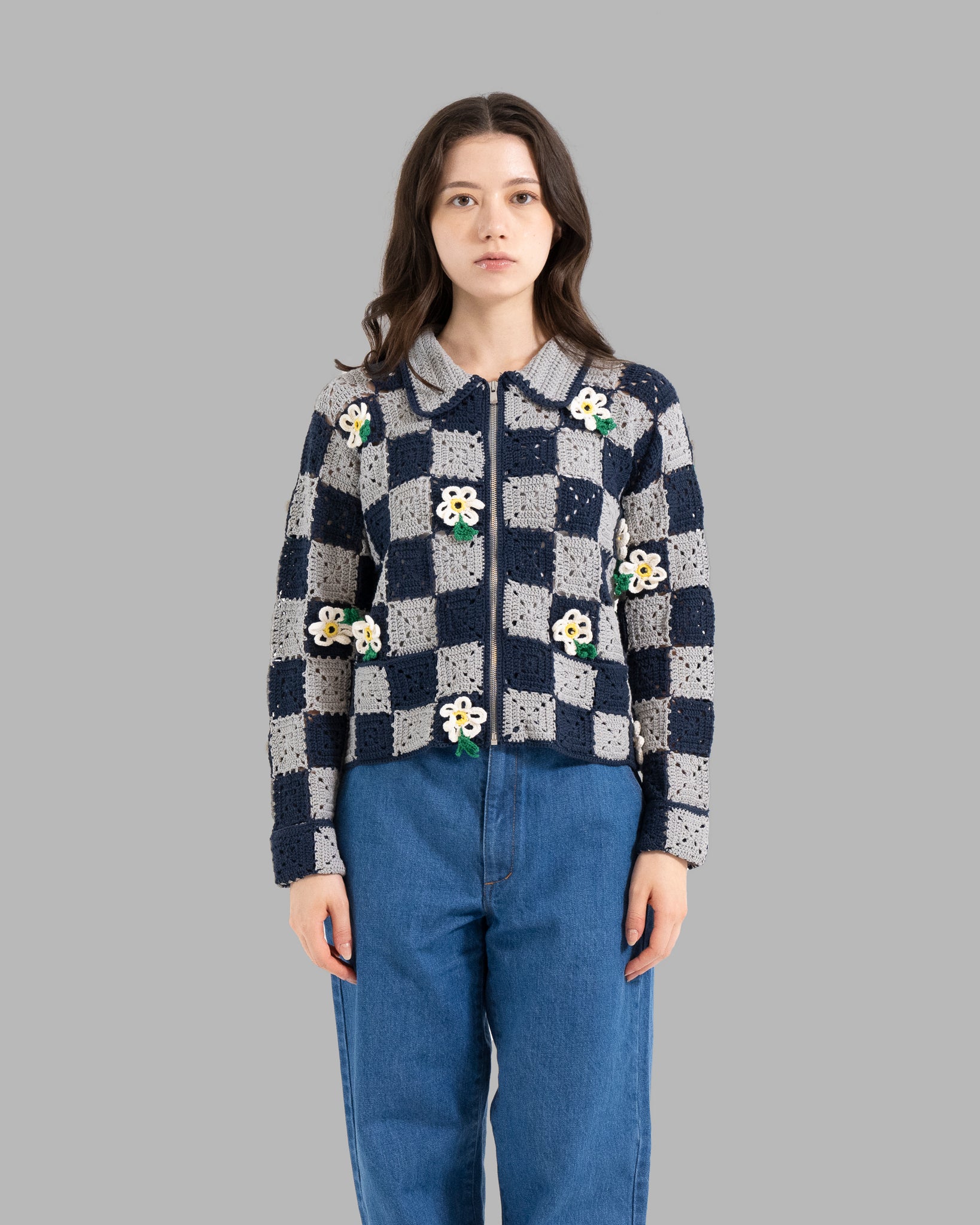 CROCHET FLOWER MOTIF HAND KNIT JACKET - NAVY / GREY