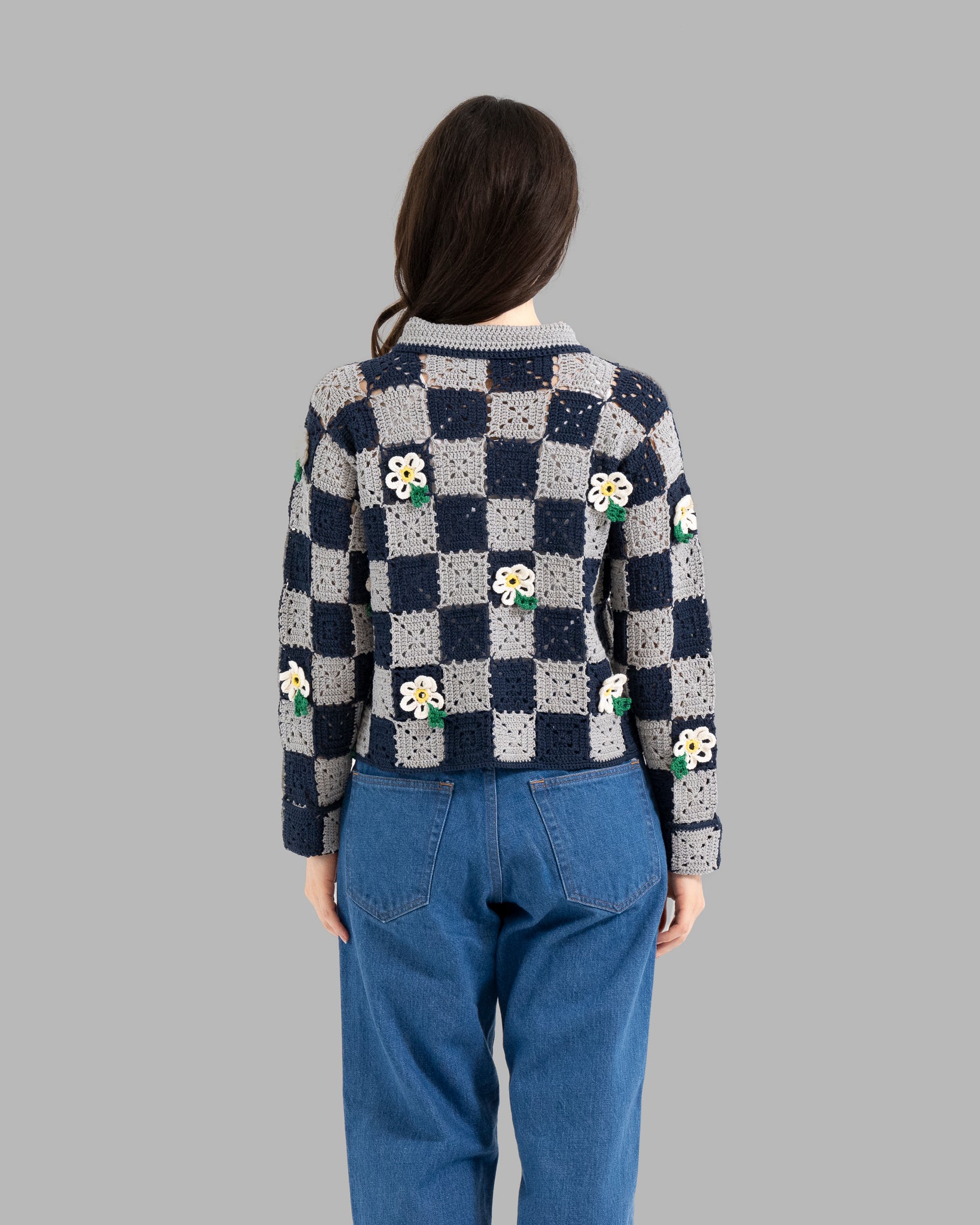 Crochet Flower Motif Hand Knit Jacket -Navy / Gray