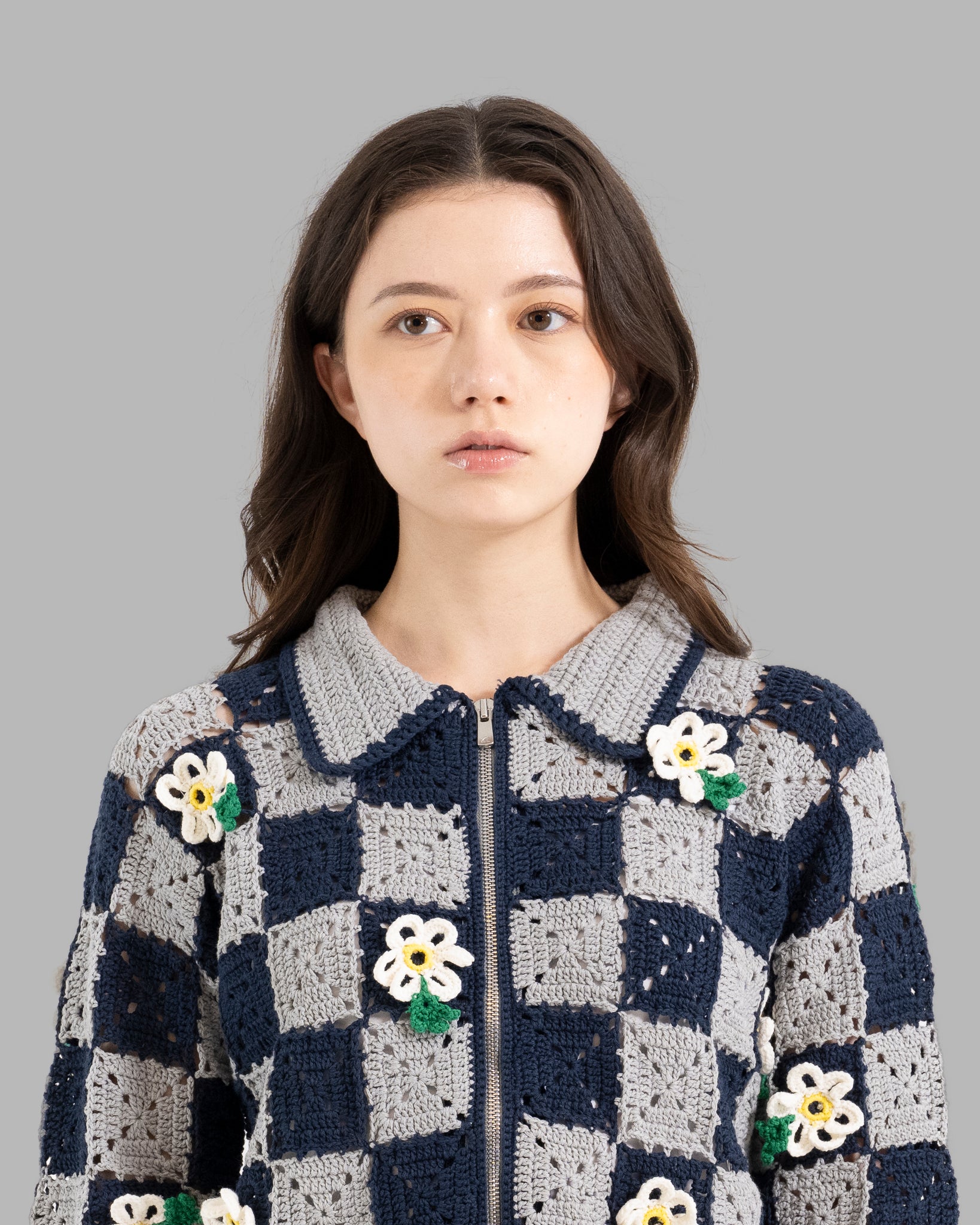 Crochet Flower Motif Hand Knit Jacket -Navy / Gray