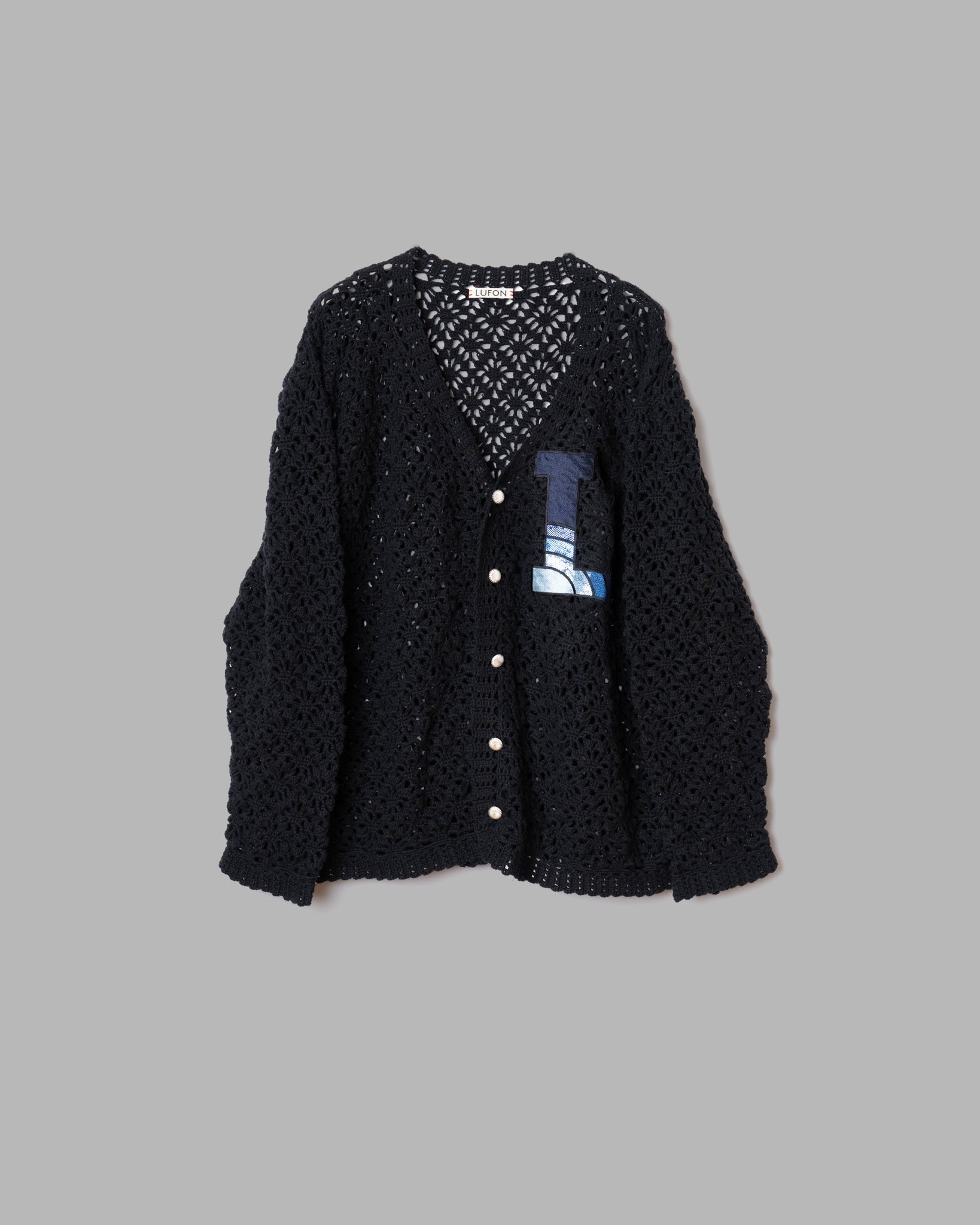 Cardigan de punto de mano de ganchillo "L" -Black