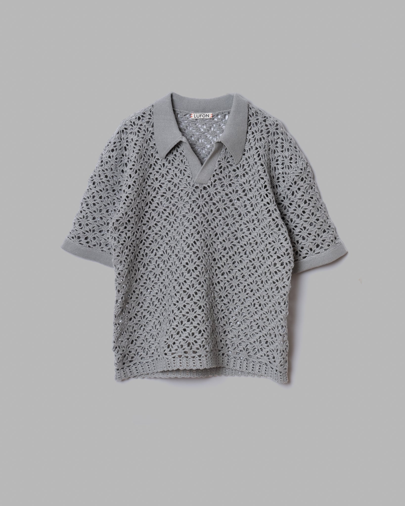 CROCHET HAND KNIT SKIPPER POLO (LOOSE FIT) -  GREY