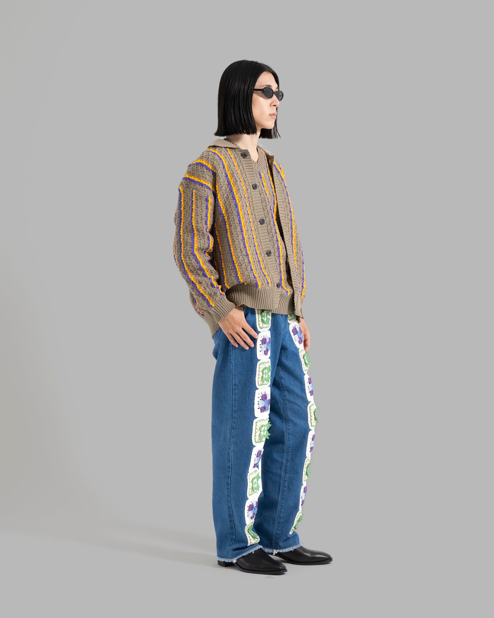 LOW GAUGE KNIT STRIPE SHIRTS CARDIGAN - CHARCOAL