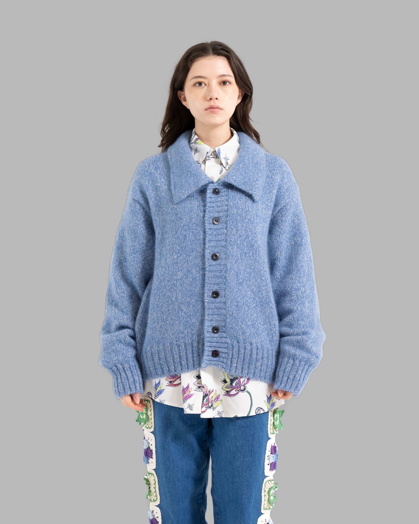 MOHAIR SILK NEP KNIT SHIRTS BLOUSON - BLUE