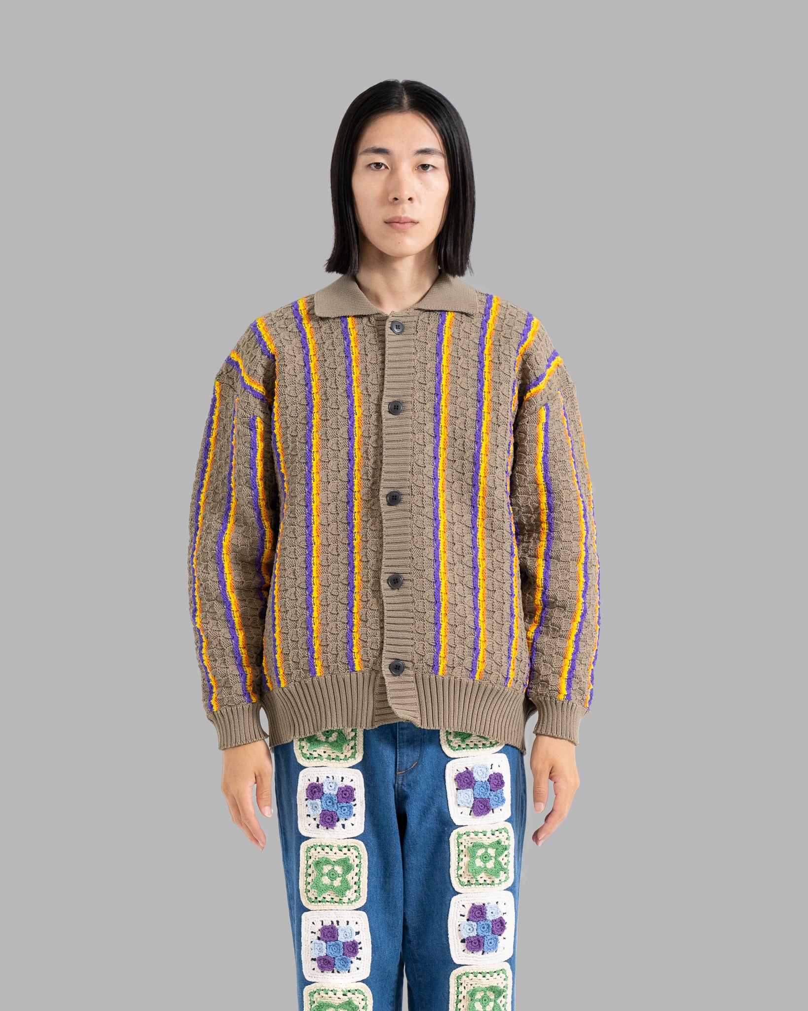 LOW GAUGE KNIT STRIPE SHIRTS CARDIGAN - CHARCOAL
