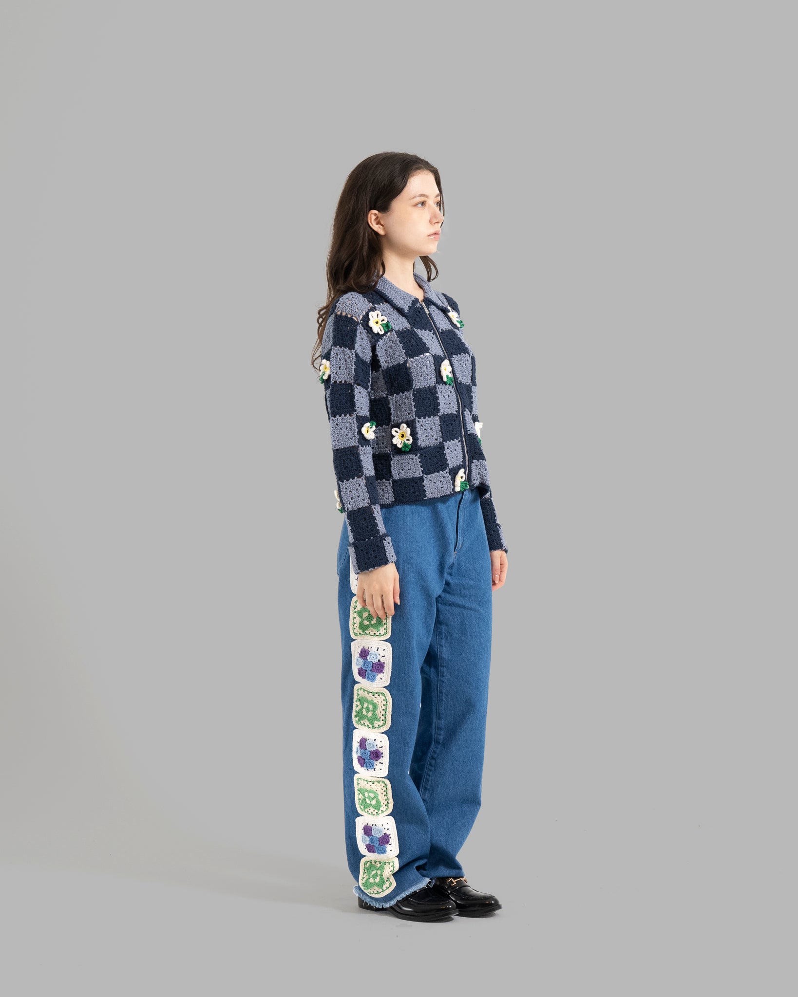 CROCHET FLOWER MOTIF HAND KNIT JACKET - NAVY / LIGHT BLUE