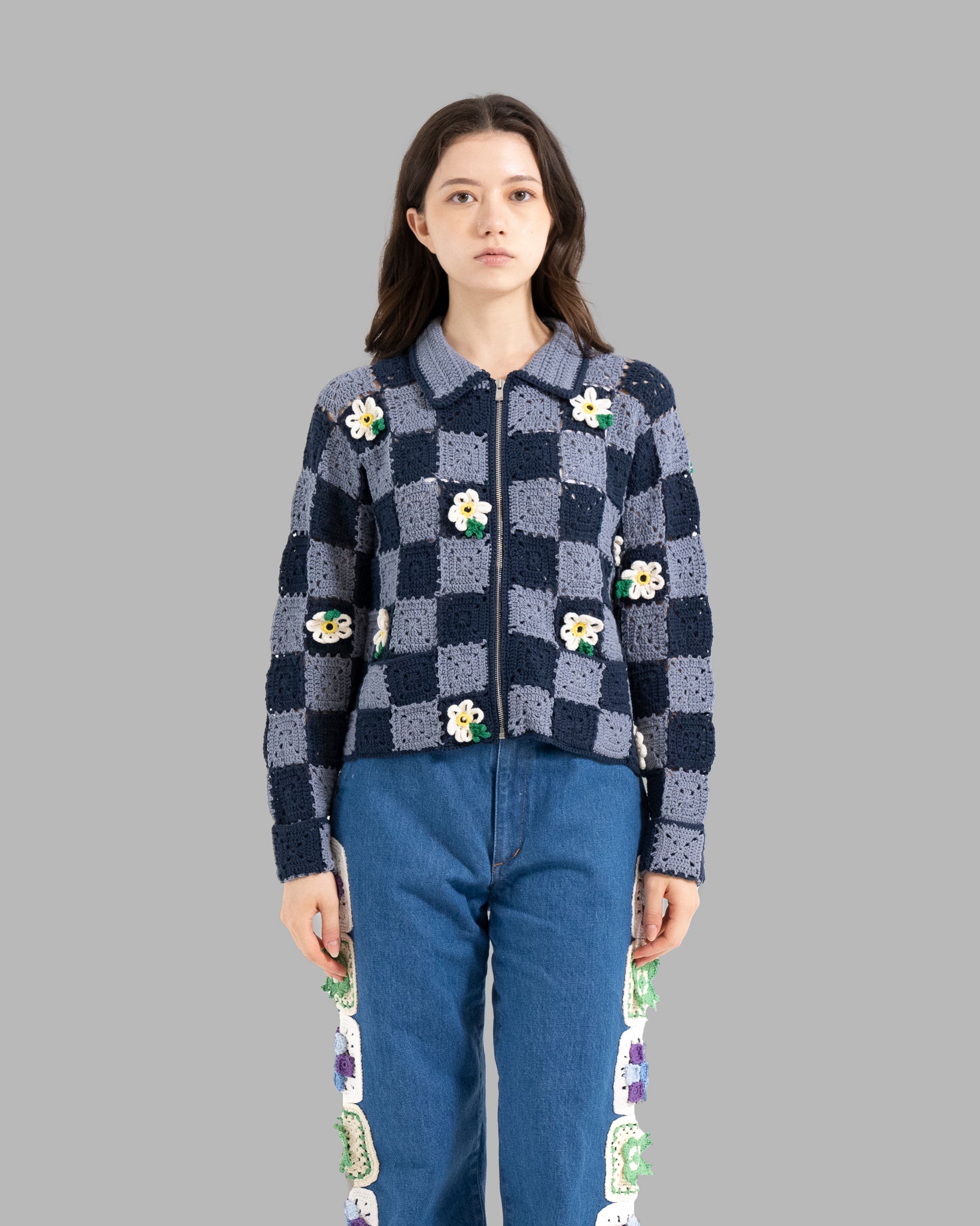 CROCHET FLOWER MOTIF HAND KNIT JACKET - NAVY / LIGHT BLUE