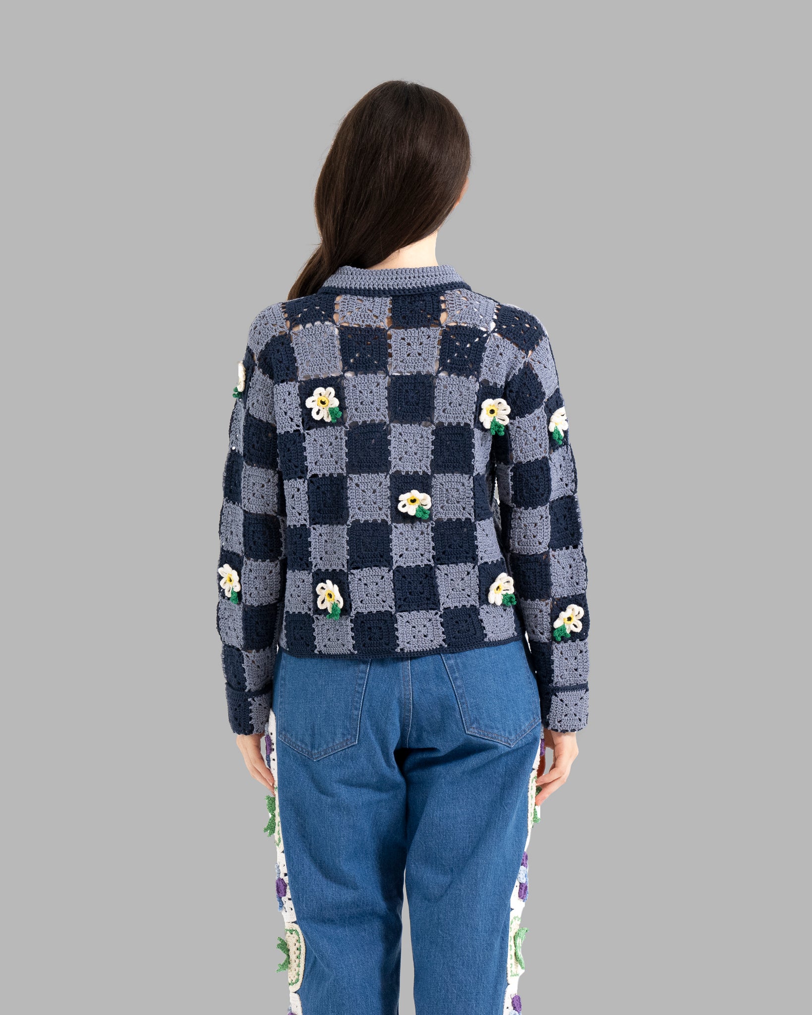 CROCHET FLOWER MOTIF HAND KNIT JACKET - NAVY / LIGHT BLUE