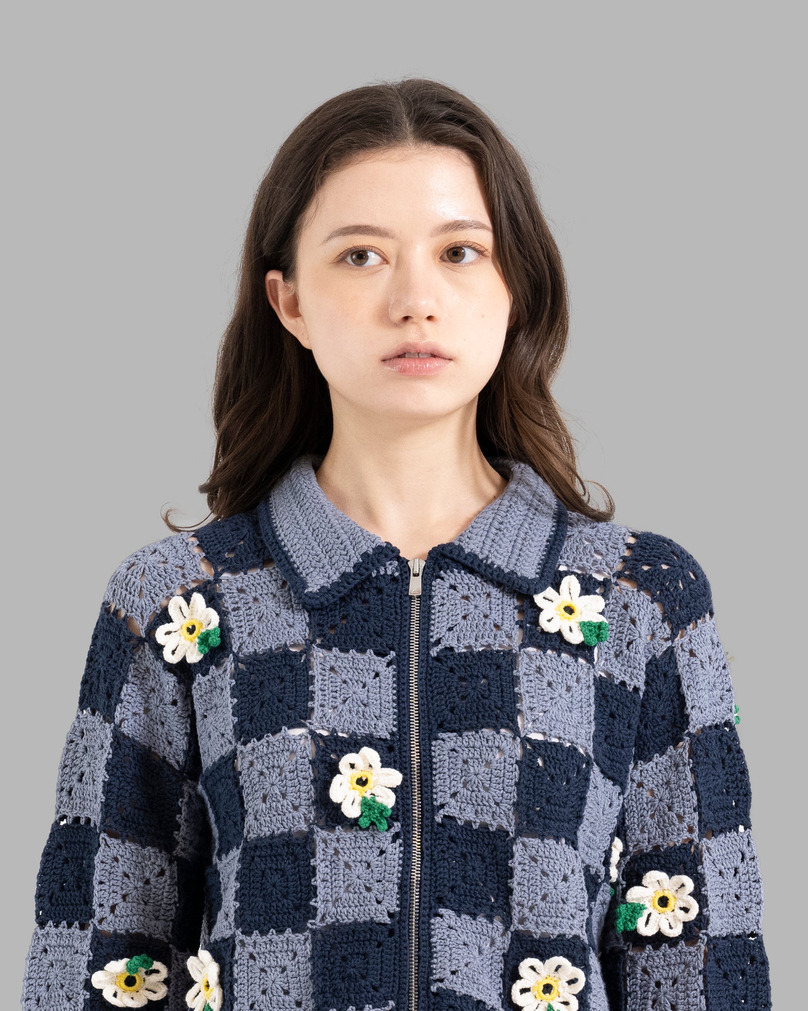 CROCHET FLOWER MOTIF HAND KNIT JACKET - NAVY / LIGHT BLUE