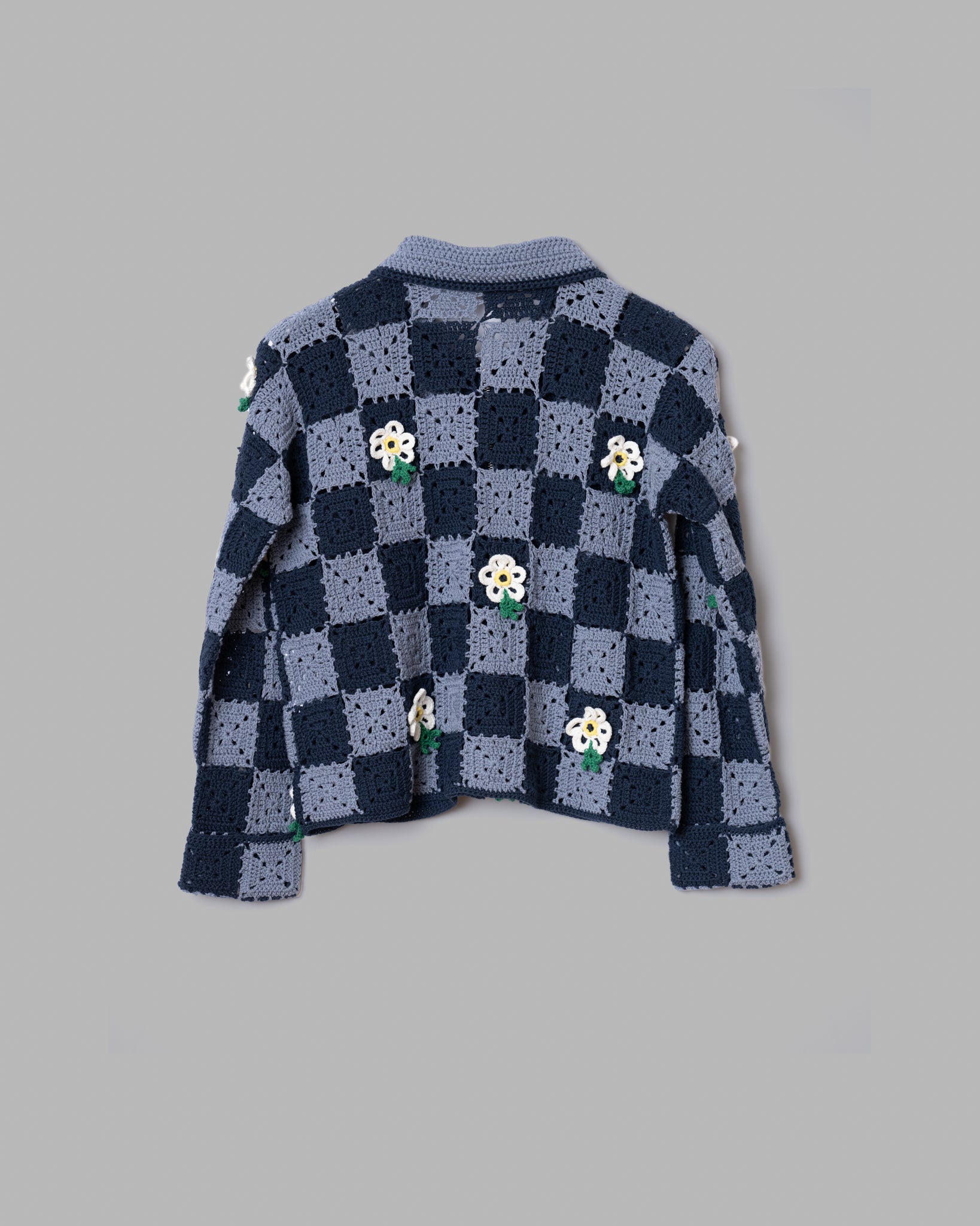 Crochet Flower Motif Hand Knit Jacket -Navy / Light Blue