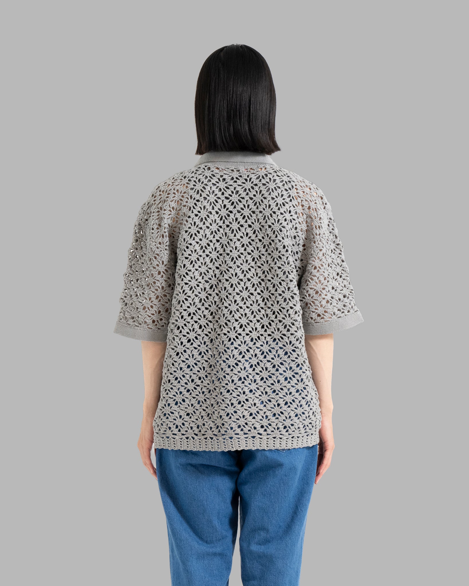 CROCHET HAND KNIT SKIPPER POLO (LOOSE FIT) -  GREY