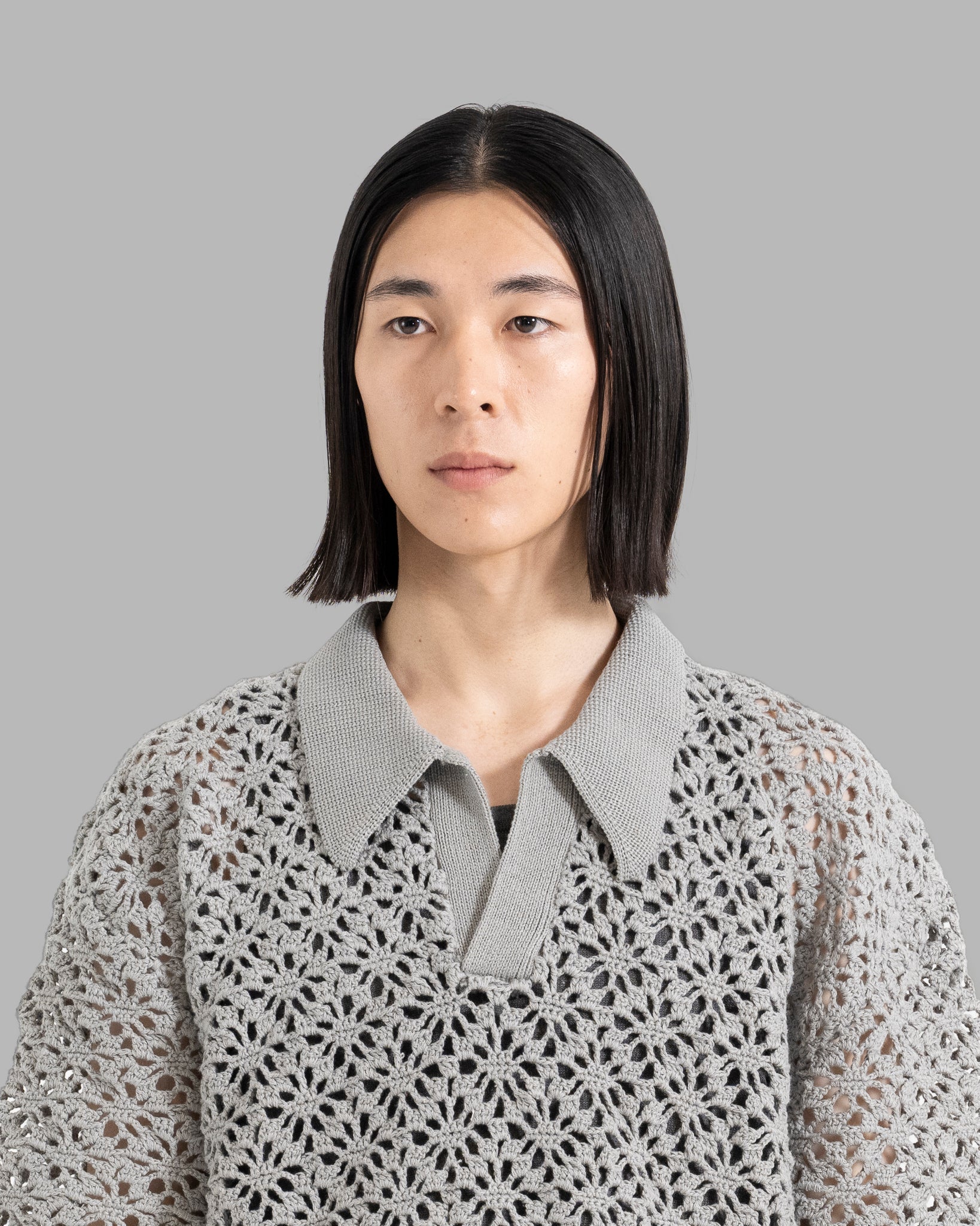 CROCHET HAND KNIT SKIPPER POLO (LOOSE FIT) -  GREY