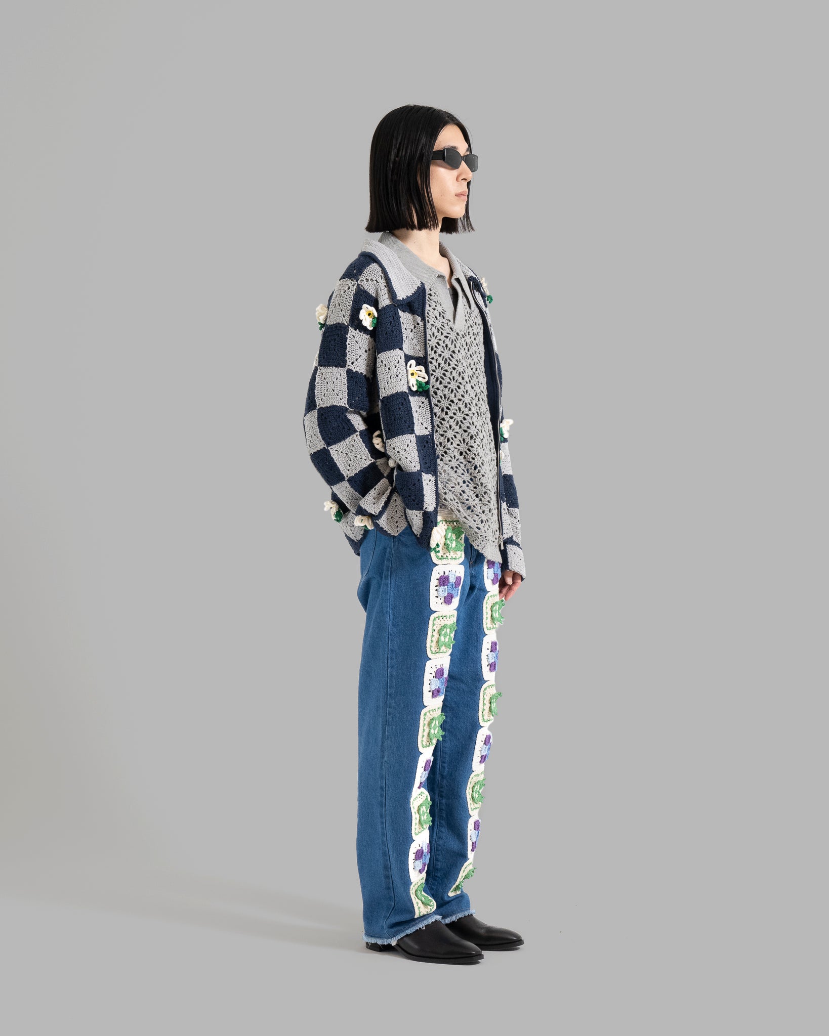 CROCHET FLOWER MOTIF WIDE JEANS - INDIGO