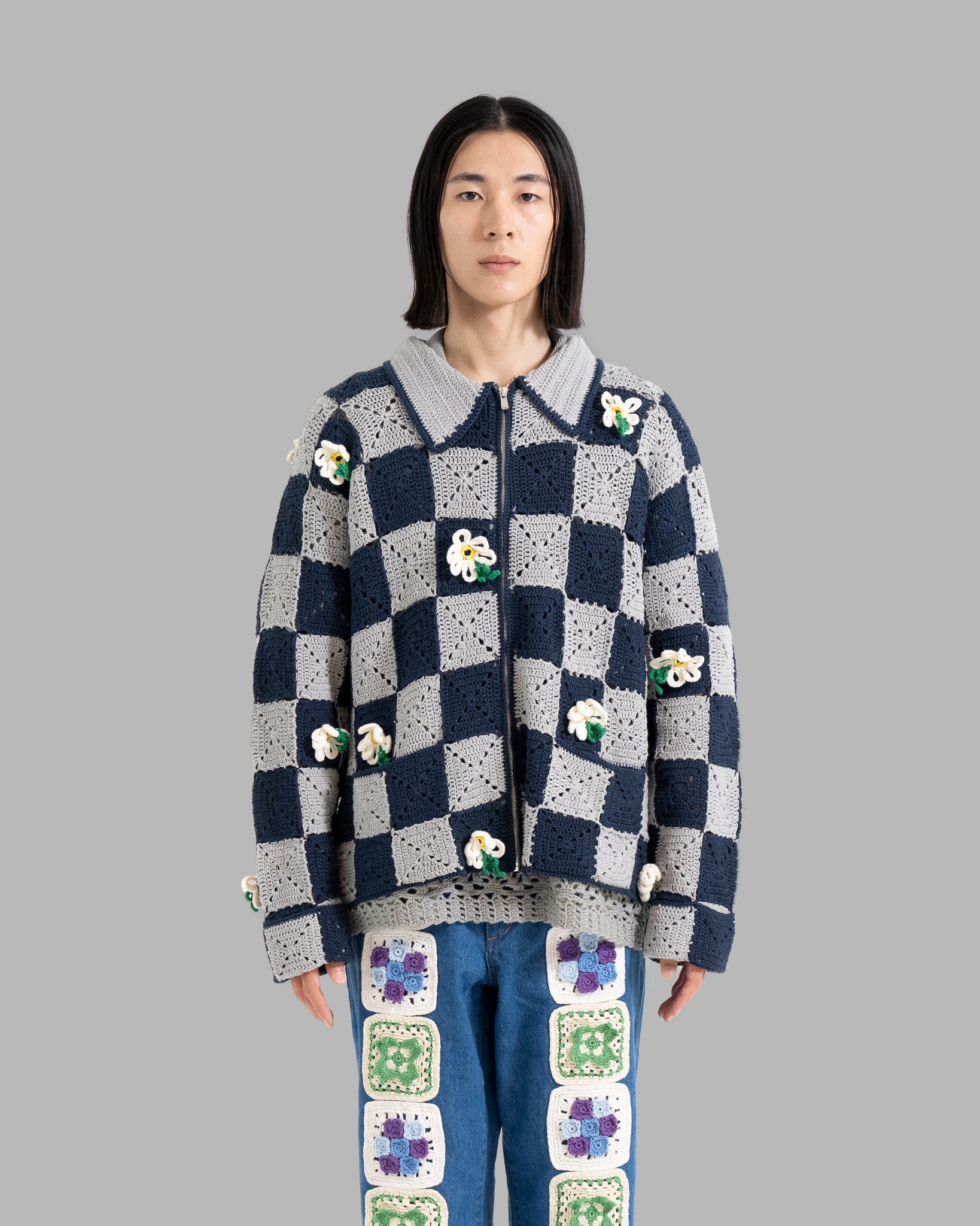 CROCHET FLOWER MOTIF HAND KNIT JACKET - NAVY / GREY