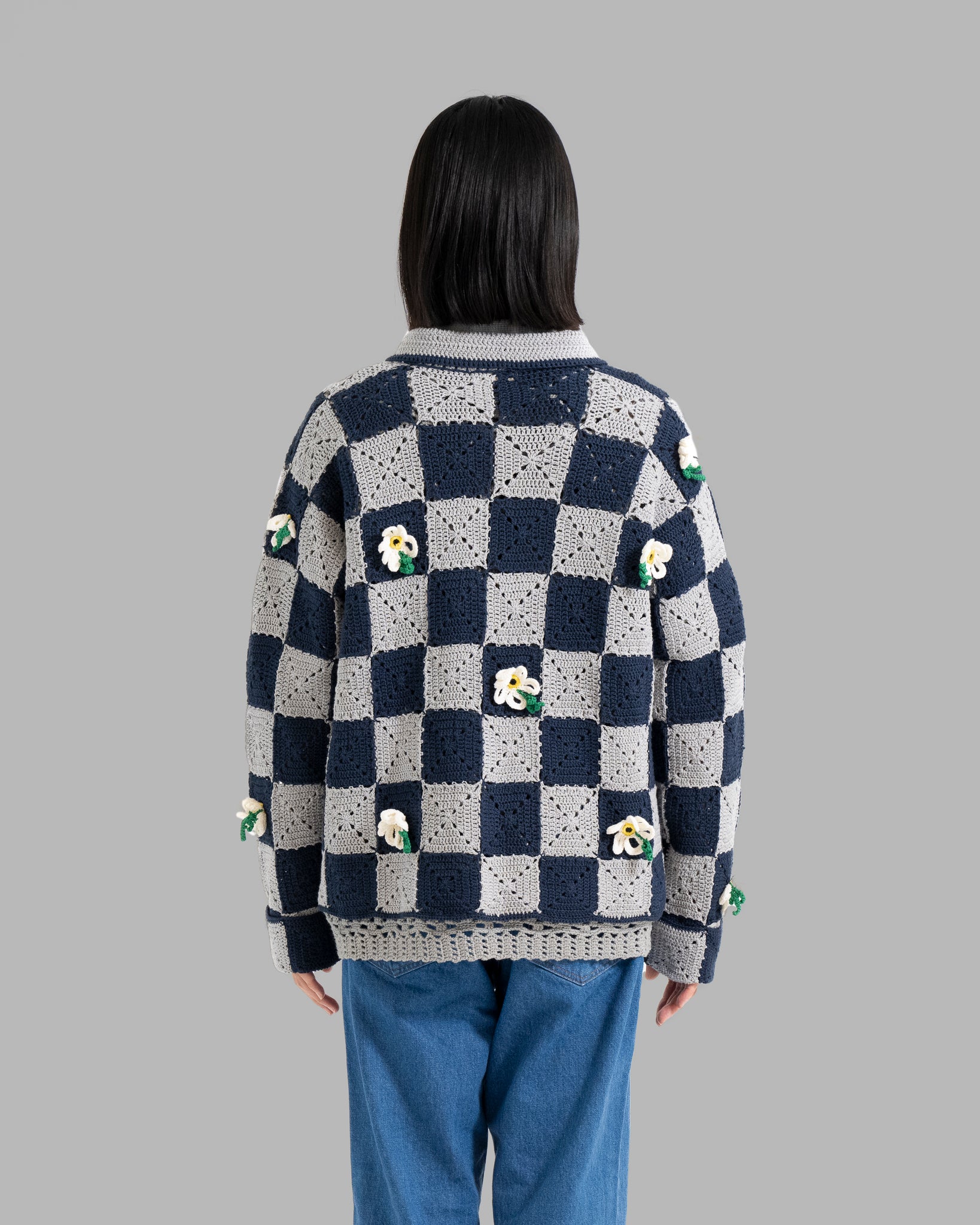 CROCHET FLOWER MOTIF HAND KNIT JACKET - NAVY / GREY