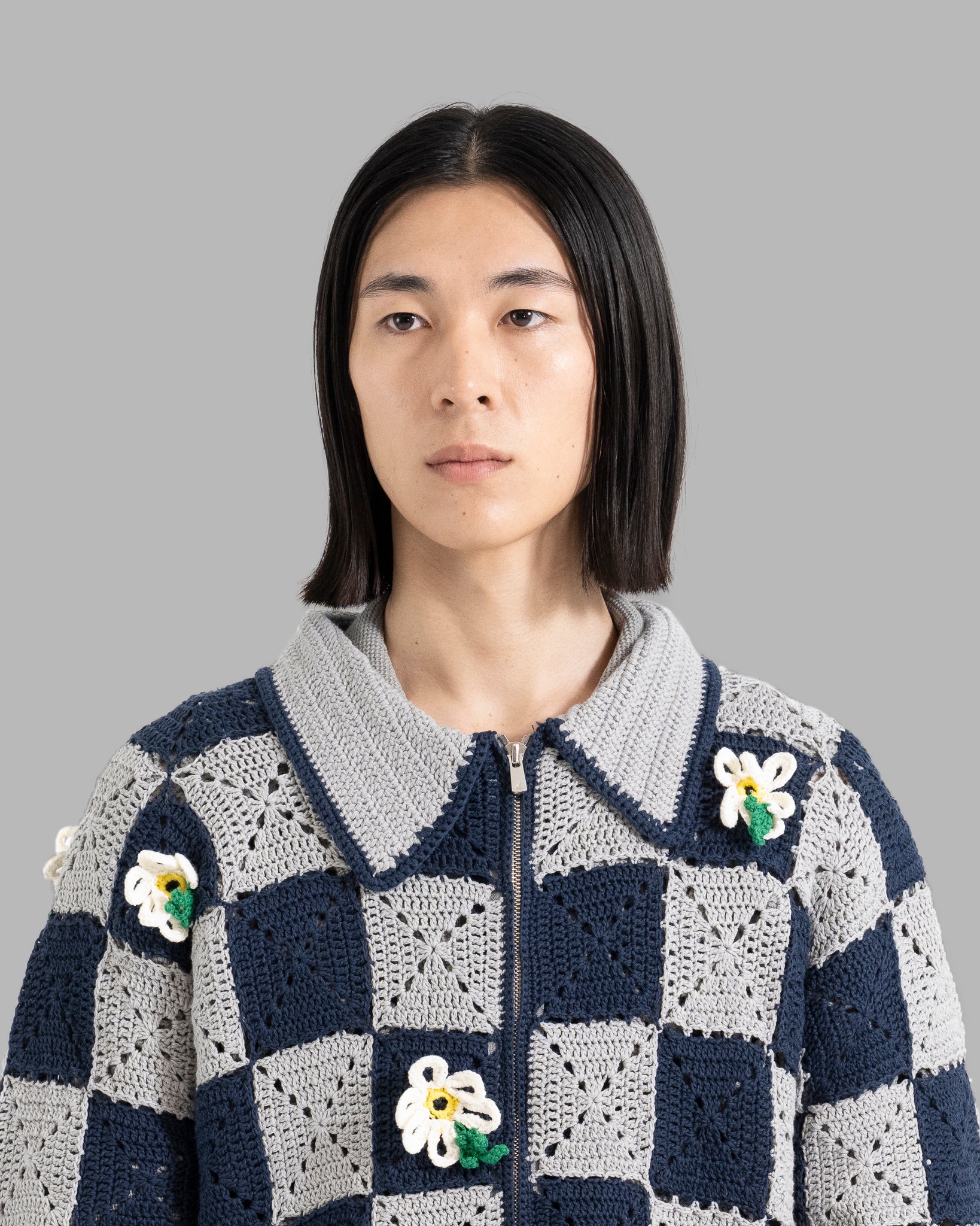 CROCHET FLOWER MOTIF HAND KNIT JACKET - NAVY / GREY