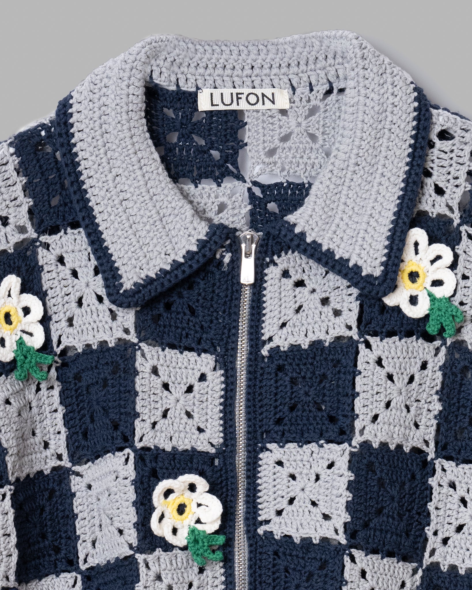 Crochet Flower Motif Hand Knit Jacket -Navy / Gray