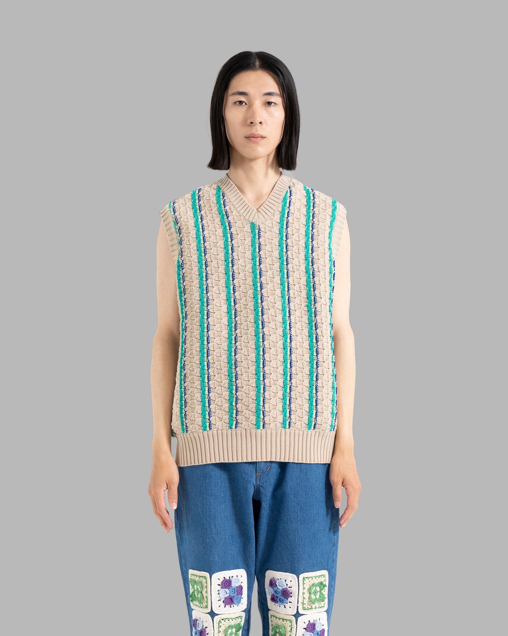 Low Gauge Knit Stripe Vest --Beige