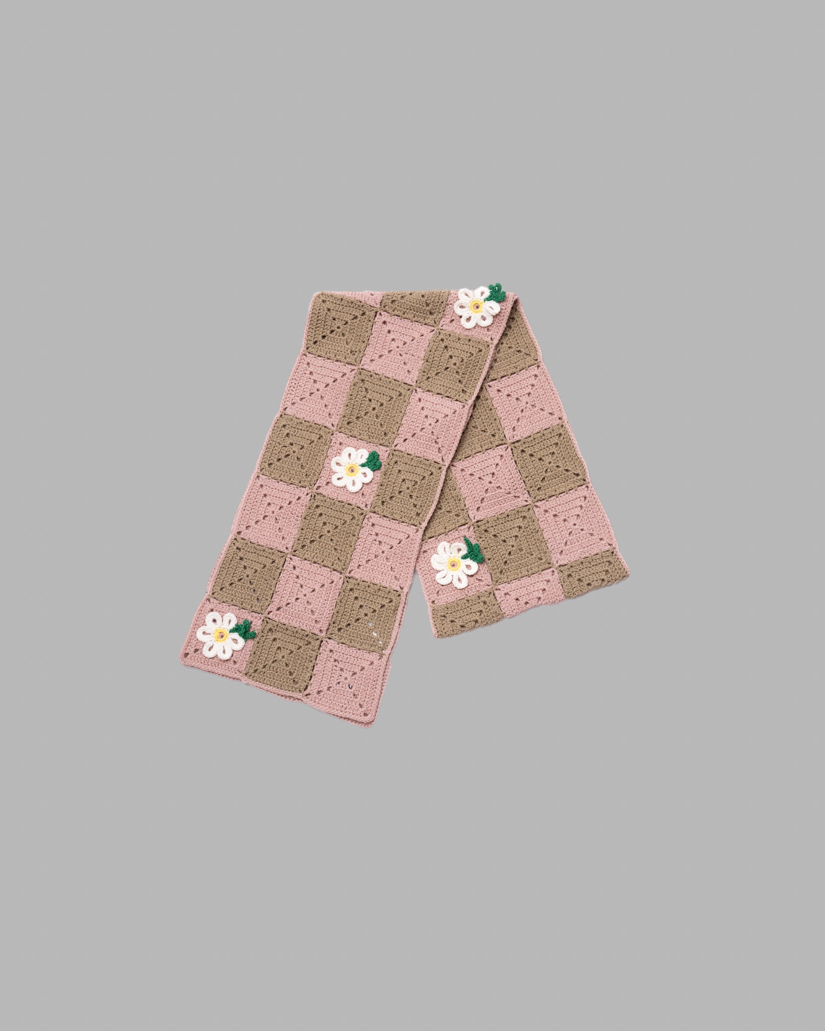 CROCHET FLOWER MOTIF HAND KNIT STOLE - PINK / BEIGE